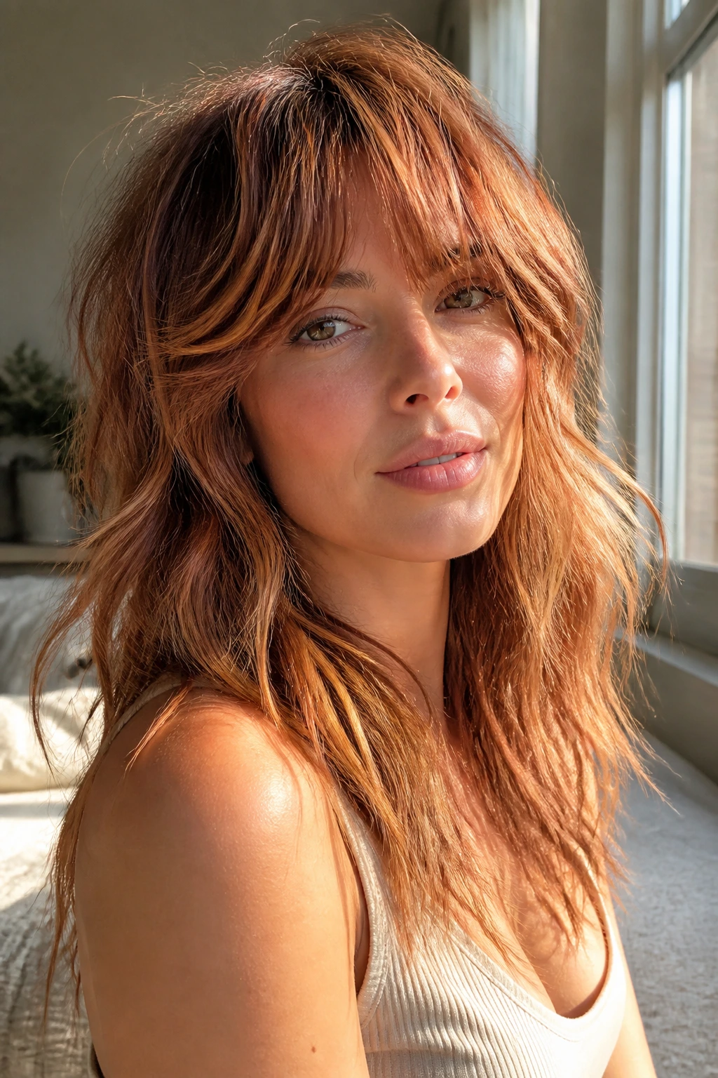 Close-up of a real woman with sunlit strawberry shag hair