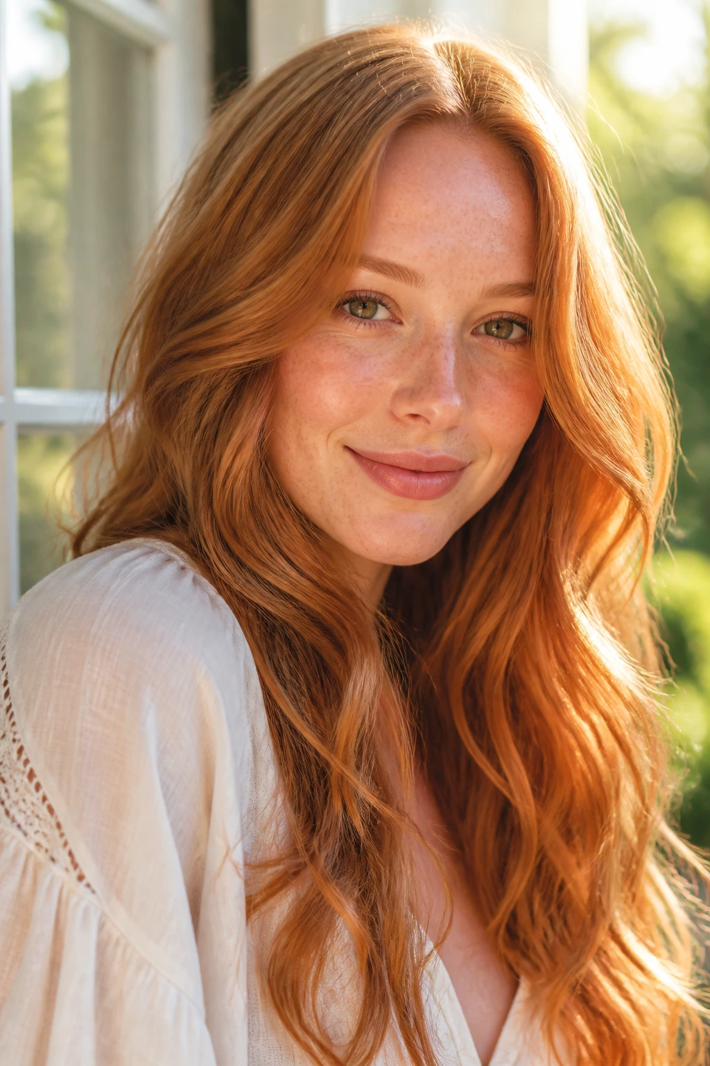 Portrait of a real woman with long sunlit strawberry waves in natural light.
