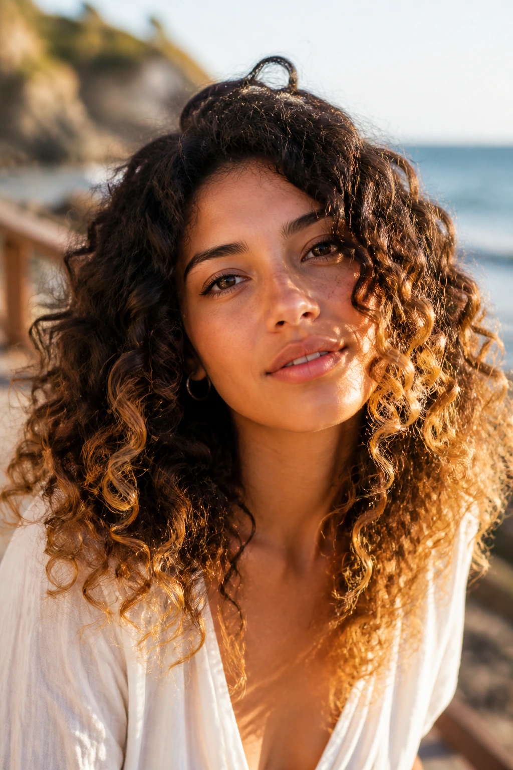 Close-up of a real woman's curly hair with sunlit tip painting on the ends in natural outdoor light.