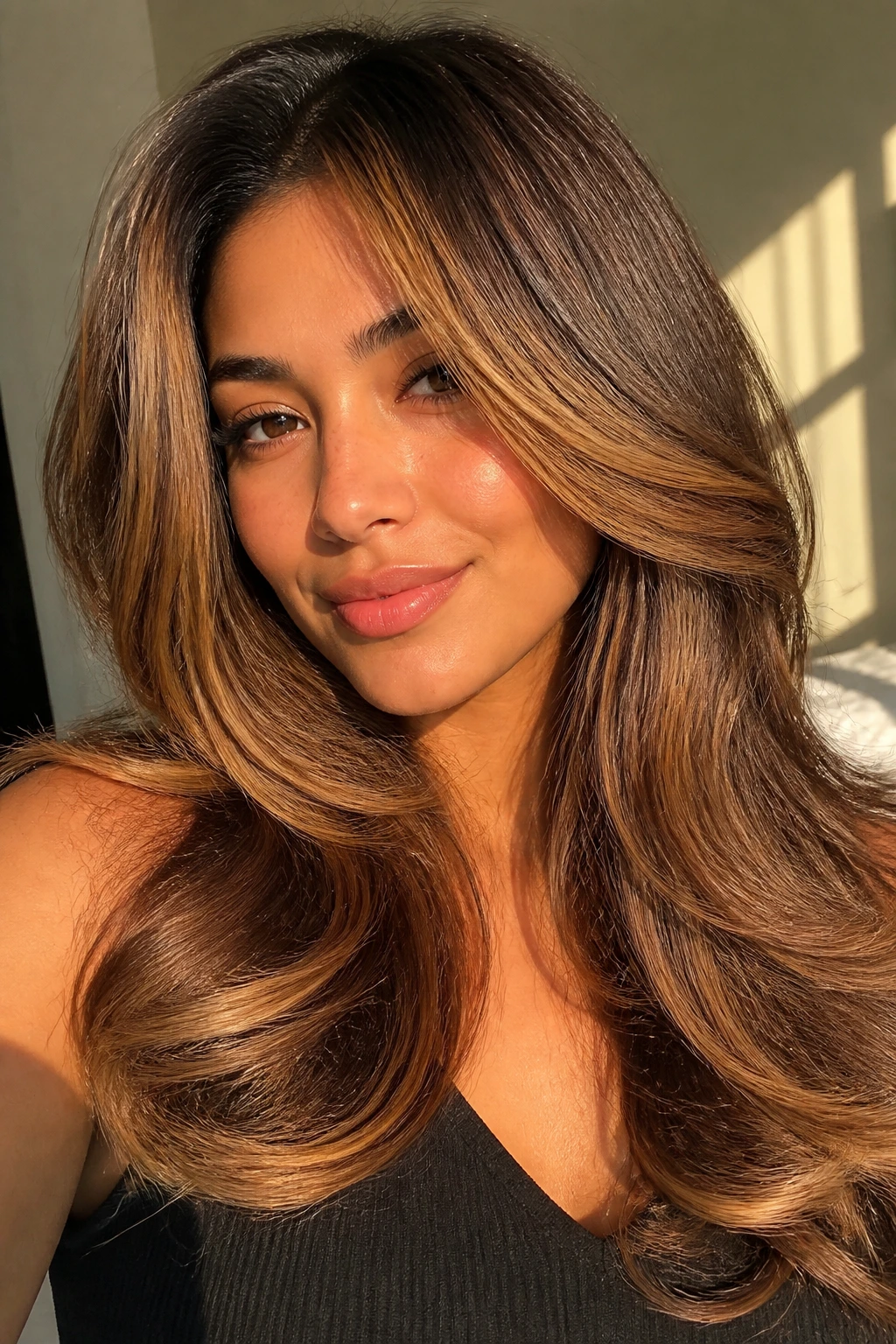 Real person with sunlit toffee blowout and face-framing highlights