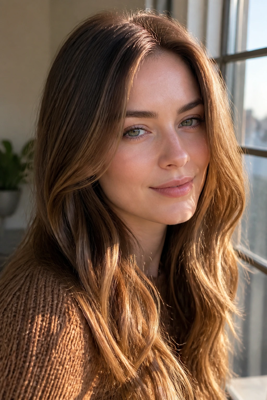 Close-up portrait of a real person with sunlit walnut hair and subtle gold panels