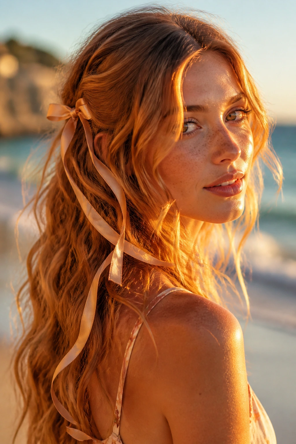 Close-up of a woman with strawberry blonde beach waves lit by golden hour sun.
