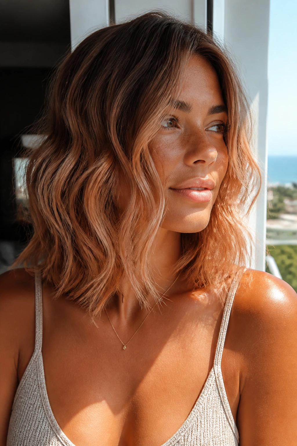 Close-up of shoulder-length waves in strawberry blonde balayage catching sunlight