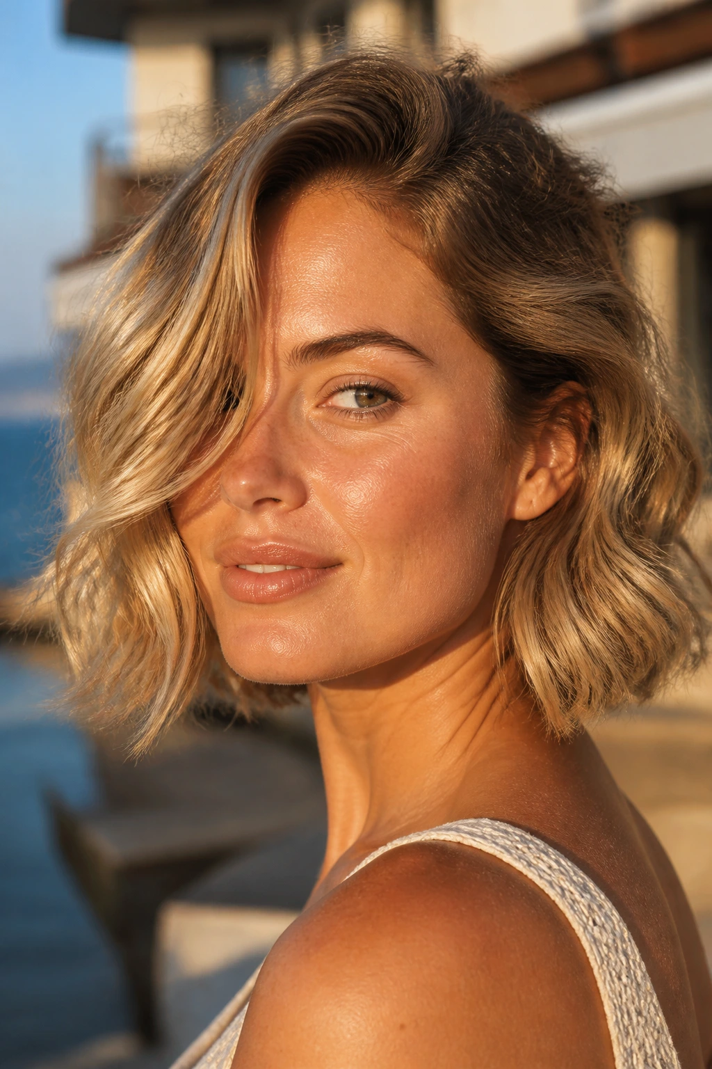 Portrait of a woman with Spanish Sunlit Wavy Bob on sunlit seaside boardwalk.