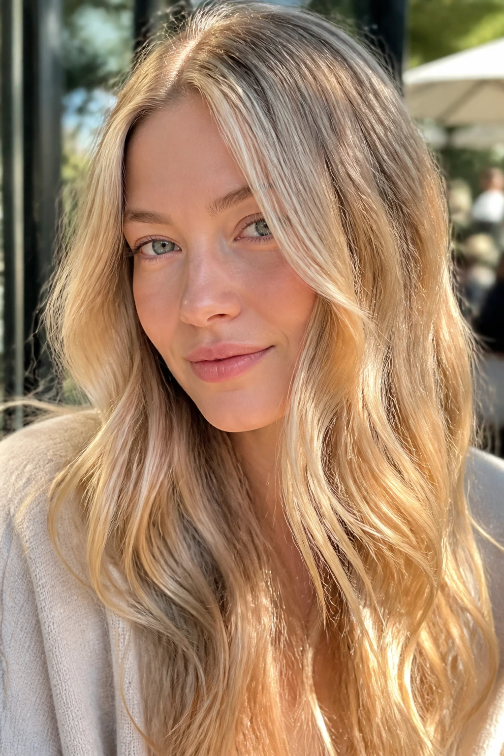 Close-up portrait of a real woman with sunlit wheat blonde hair and golden grainy highlights