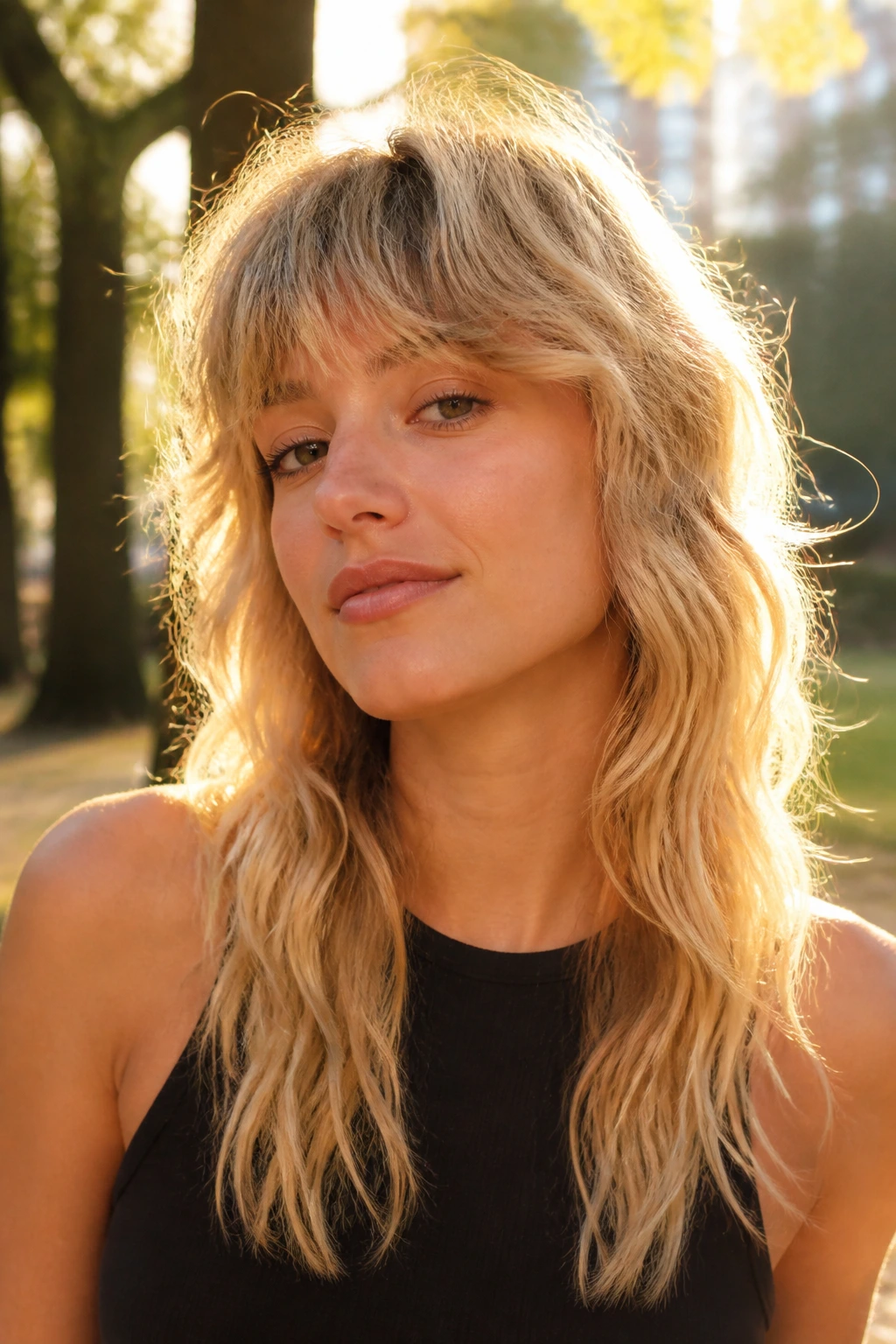 Close-up of a real woman with a sunlit wolf cut and wispy fringe