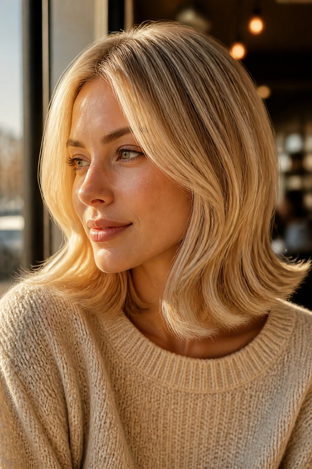 Portrait of a woman with a sunrise blonde lob and soft flicks under warm window light.