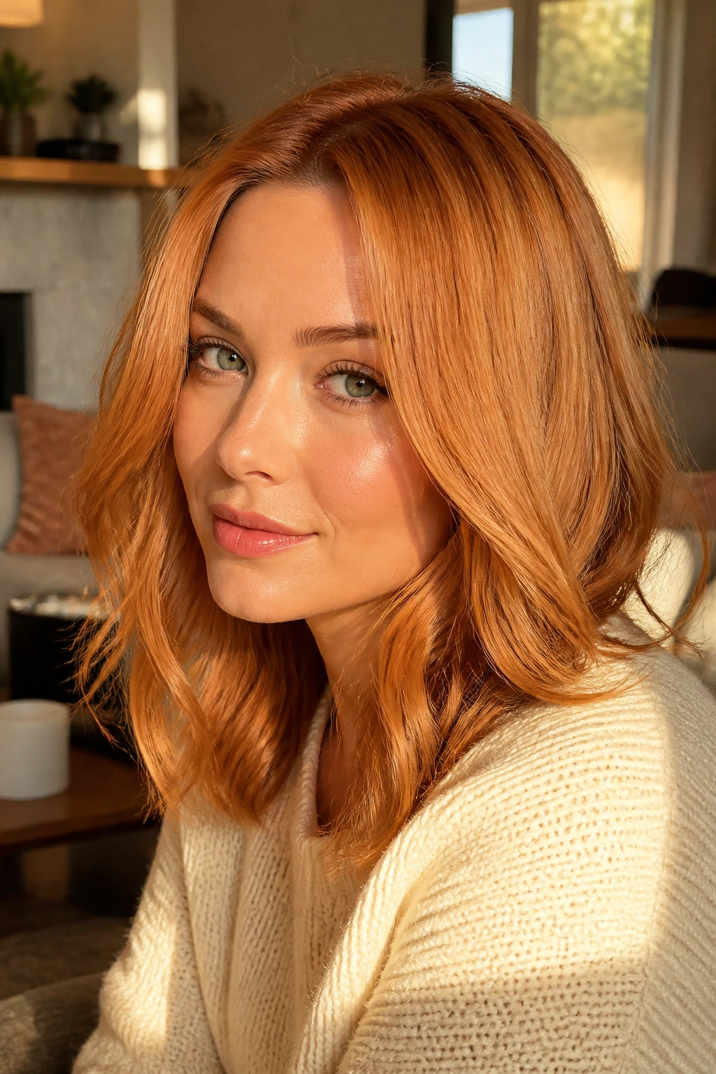 Close-up of a woman with Sunset Apricot Gloss hair in warm window light