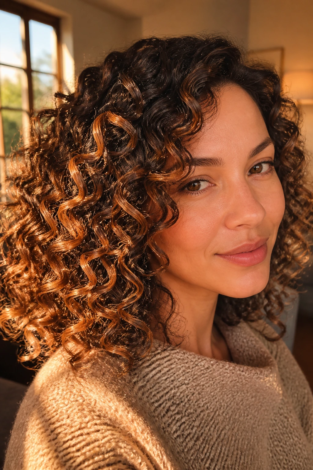 Sunset blonde ribbons along curl pattern on dark hair