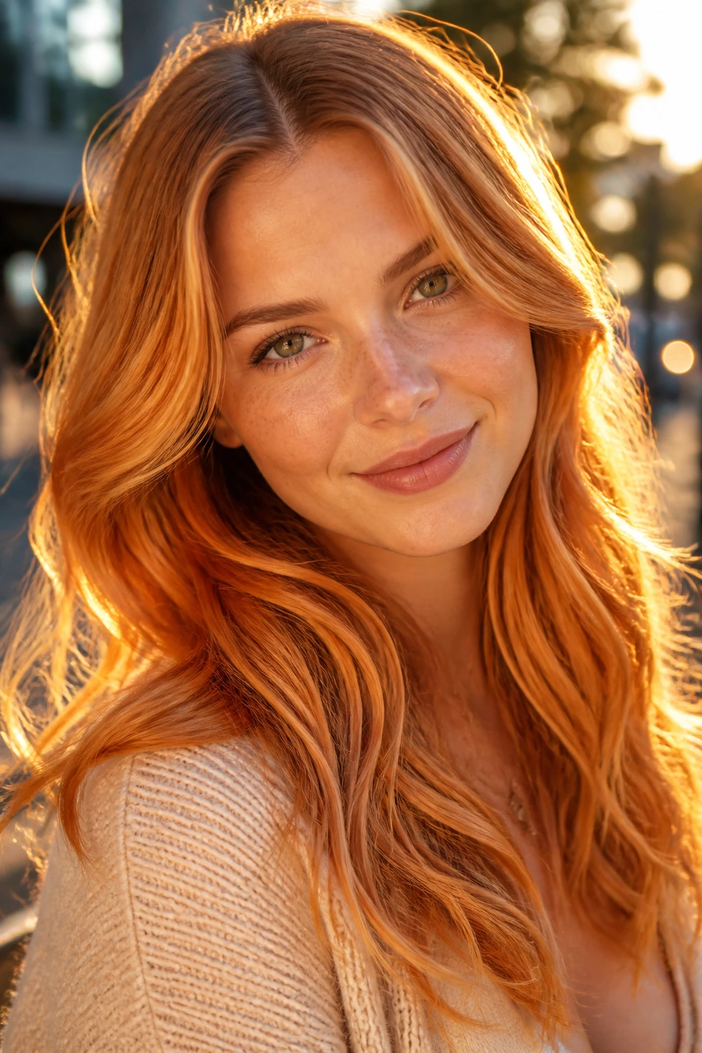 Sunset copper blonde on real woman with copper midtones and blonde lift in golden-hour light