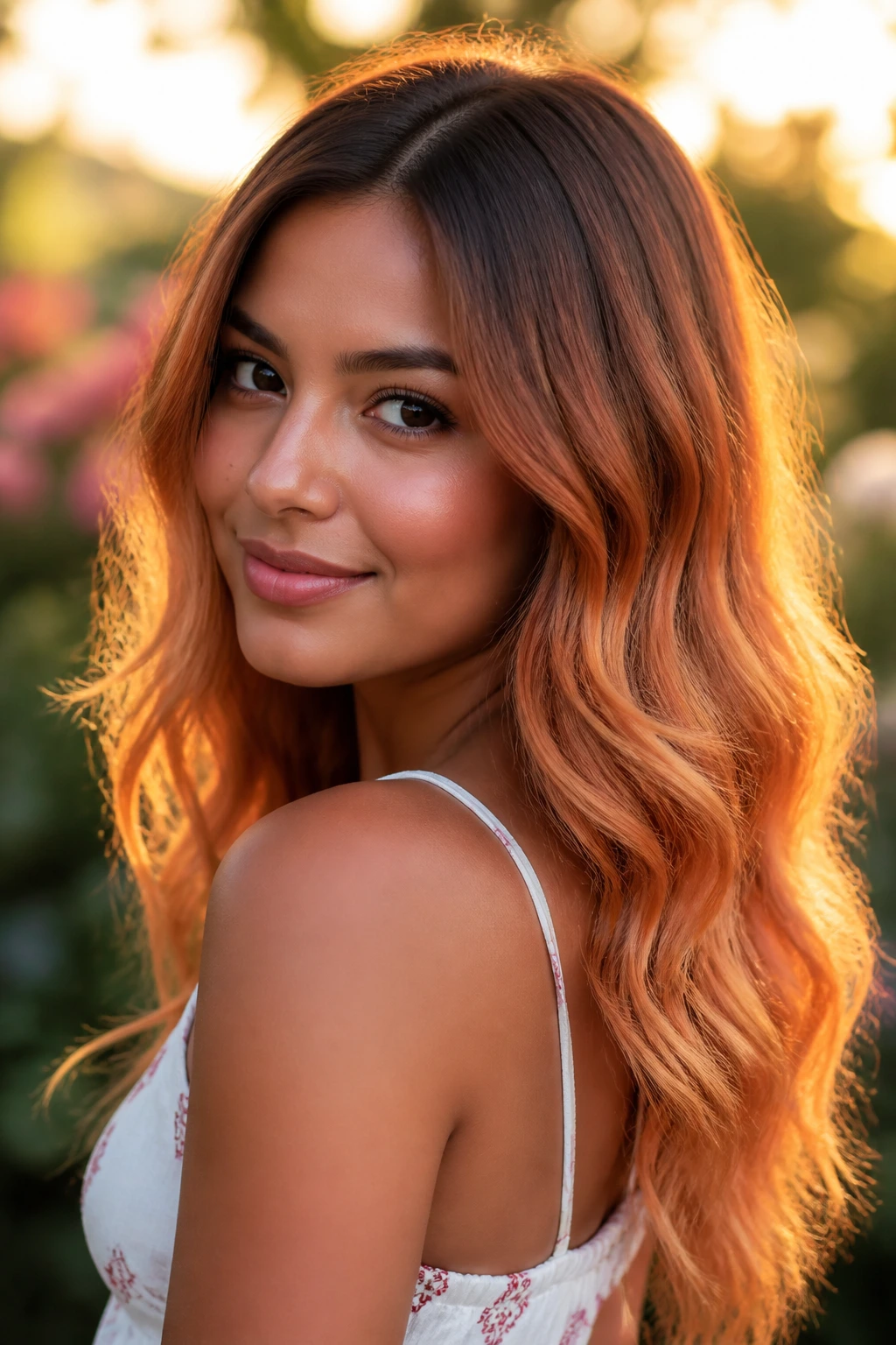 Close-up of a real woman with Sunset Copper Ombré from root to ends.