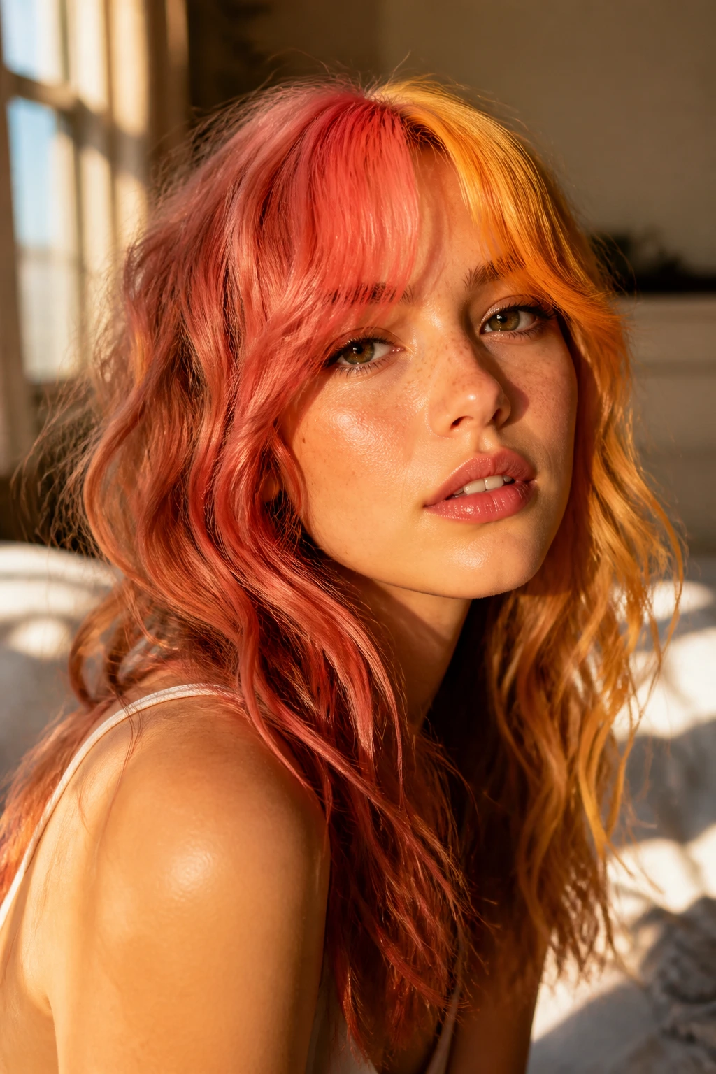 Close-up of a real woman's coral and gold split fringe in warm window light