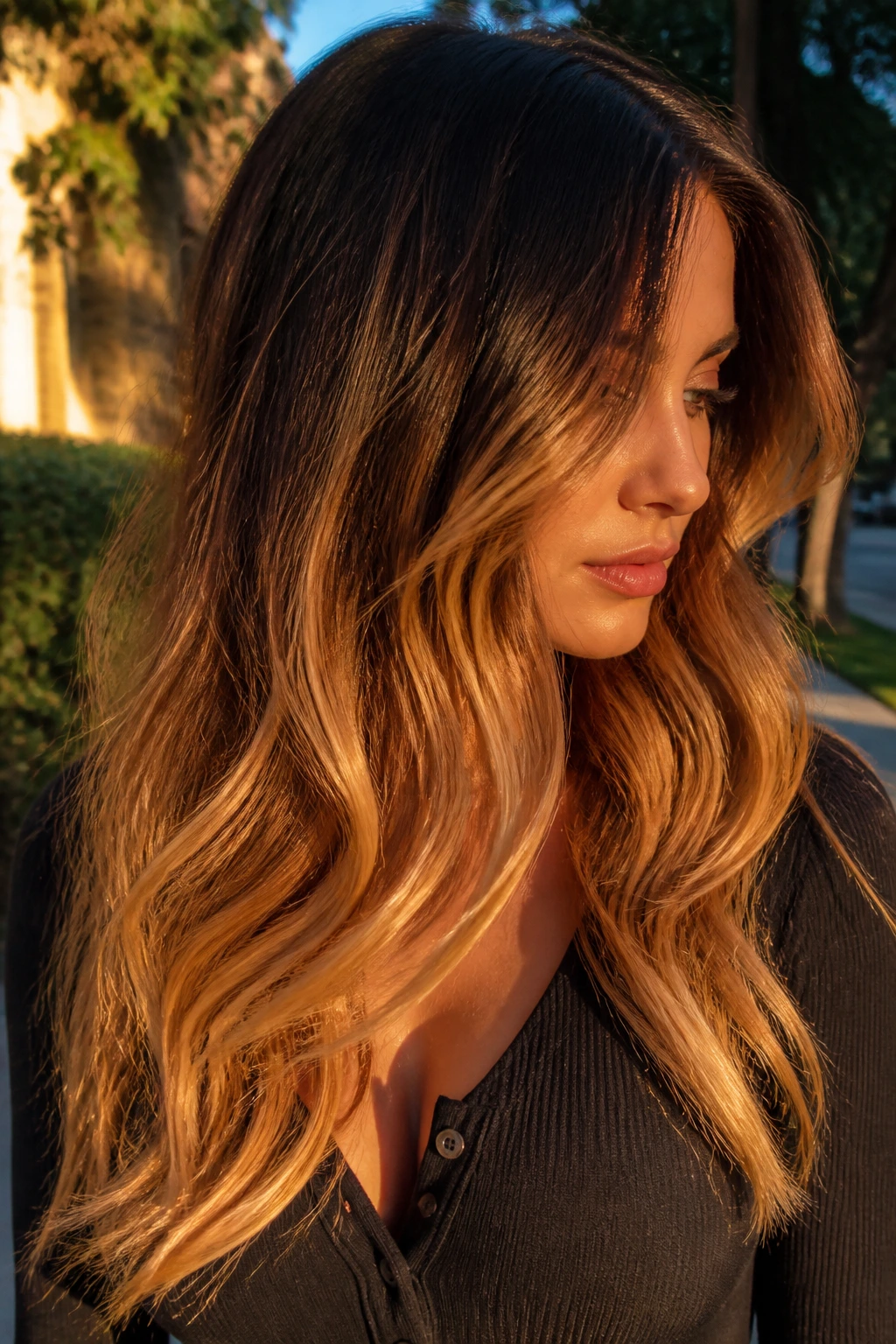 Brunette with sunset honey ends and shadow root, glossy and dimensional.