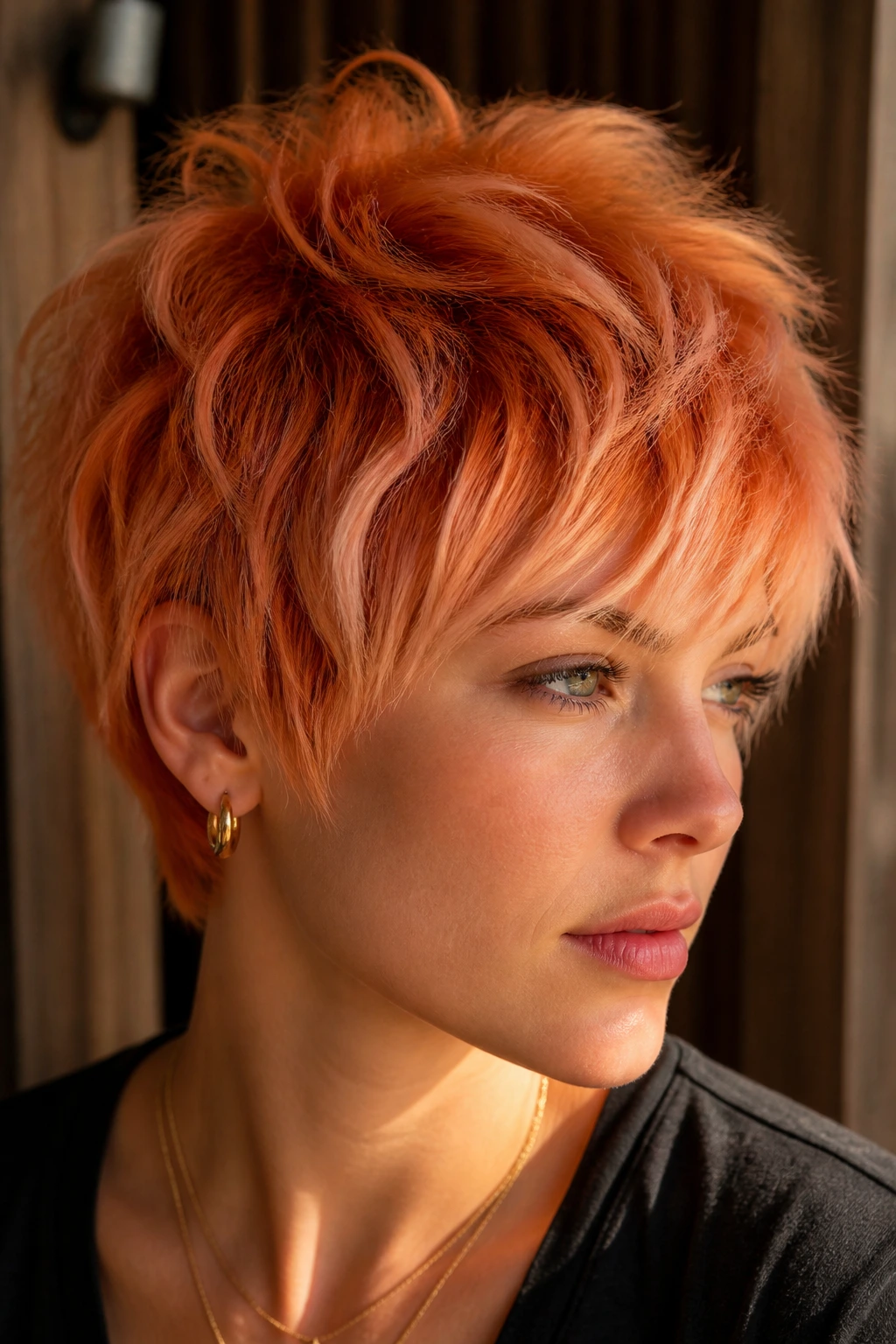 Close-up of a real person with copper to peach ombre shag pixie on thick hair