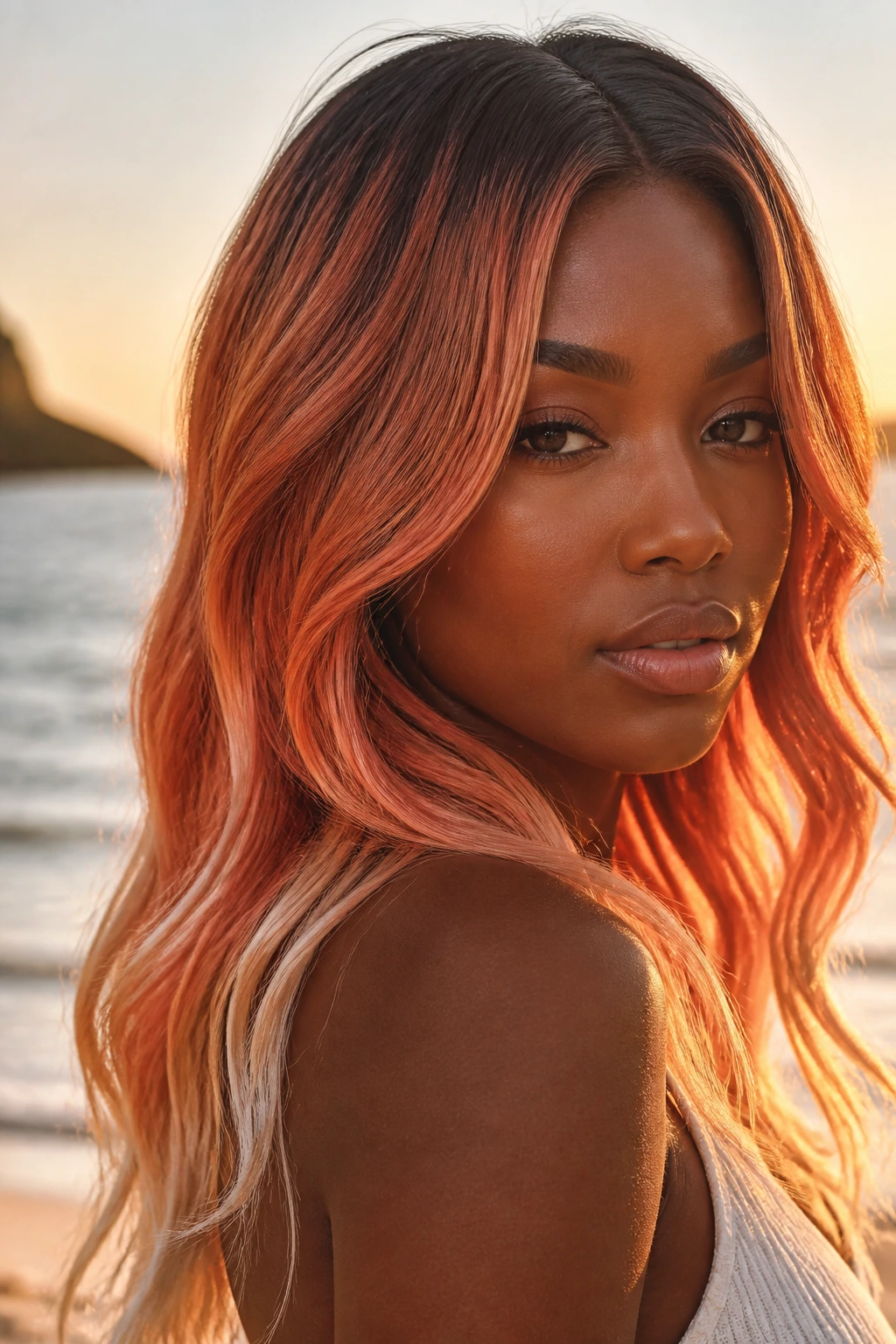 Portrait of a woman with sunset peach copper on lightened ends and dark roots