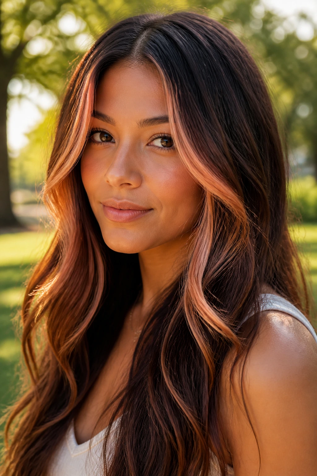 Close-up of a real person with sunset peach ribbons on brown hair in golden hour light