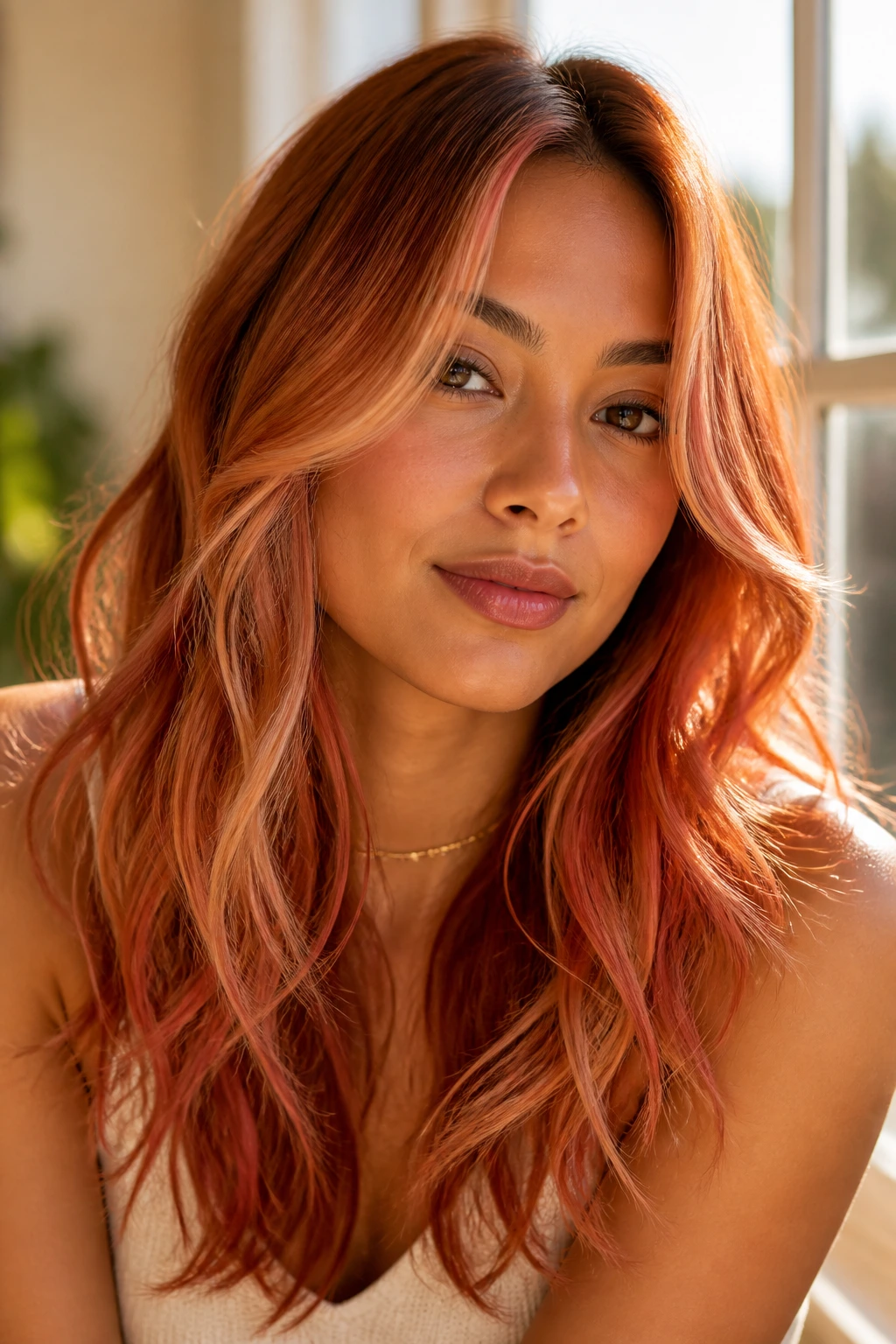 Close-up portrait of a woman showcasing copper peach gold sunset strawberry balayage.