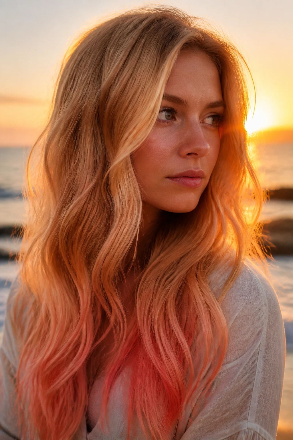Close-up of a real woman with Sunset Strawberry Blonde gradient from golden roots to peach ends.
