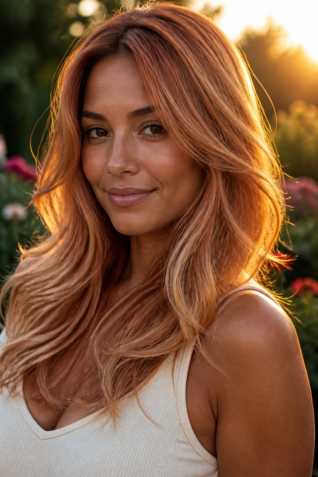 Close-up of a real woman with sunset strawberry layered hair in golden hour light