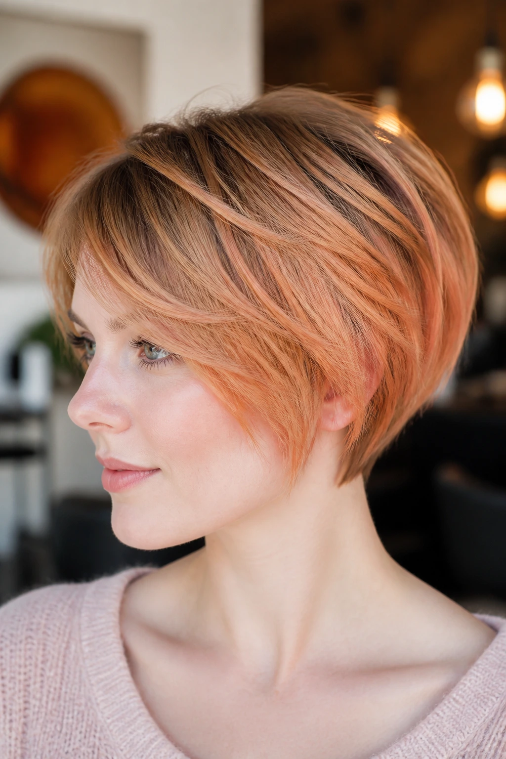 Close-up of a real woman with a pixie bob featuring sunset strawberry ombre