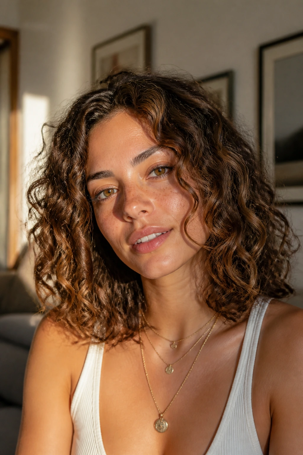 Close-up portrait of a real woman with shoulder-length beachy curls