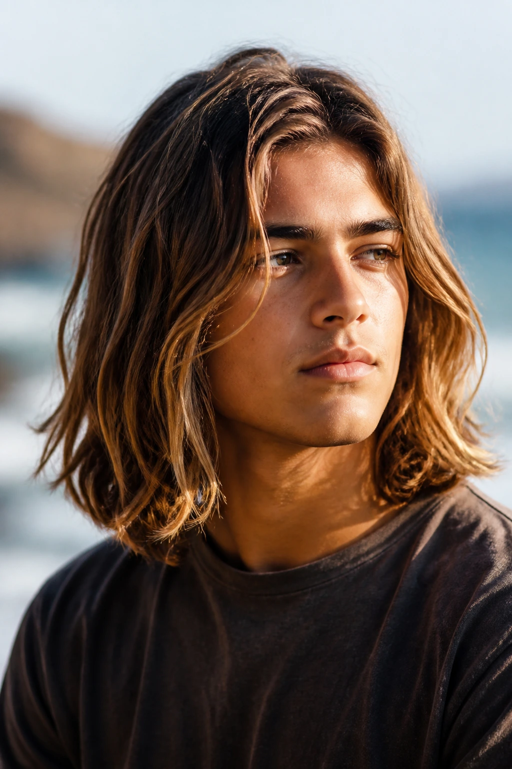 Boy with shoulder-length thick hair in surfer layers outdoors