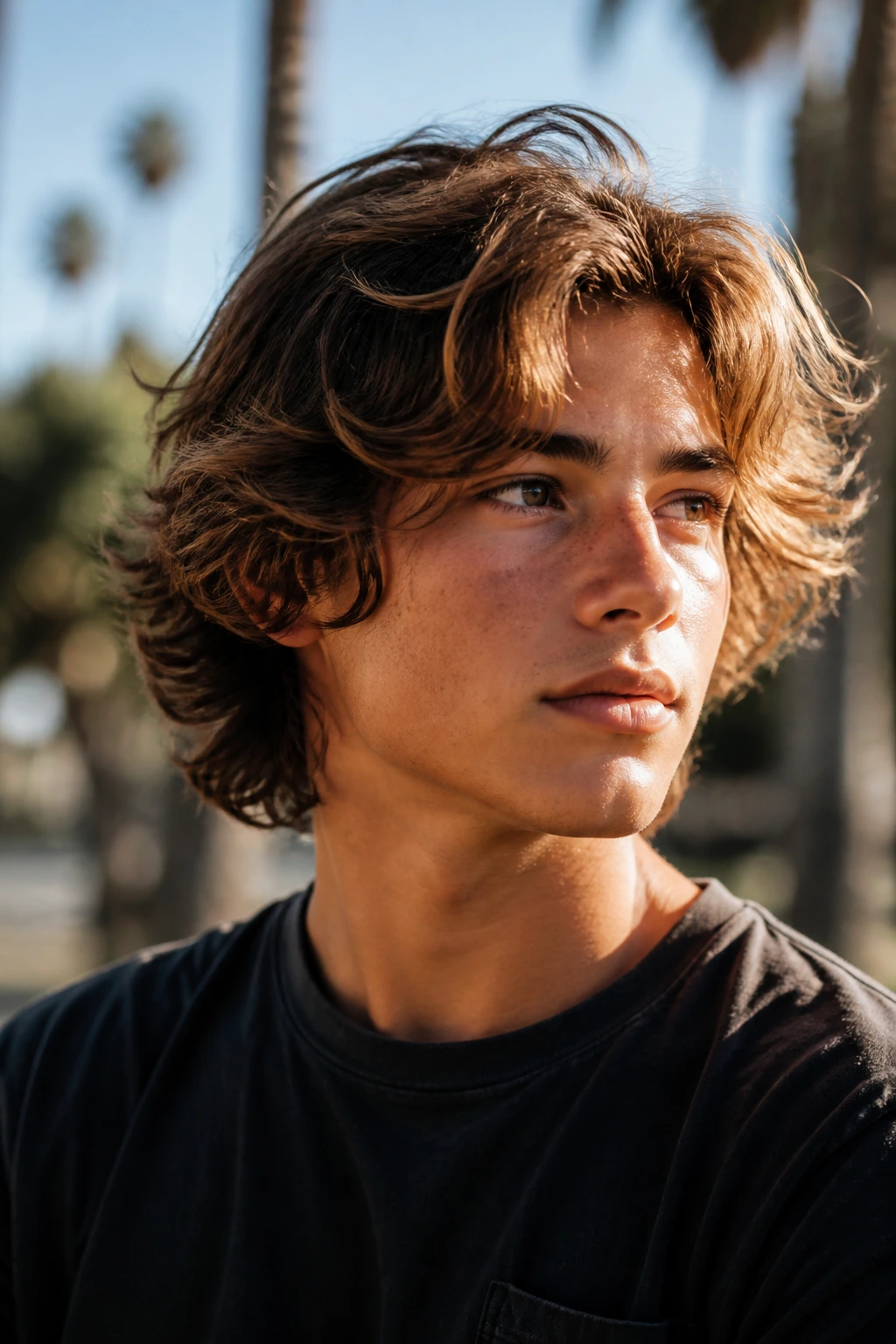 Close-up of real boy with surfer layers hair outdoors in sunny setting