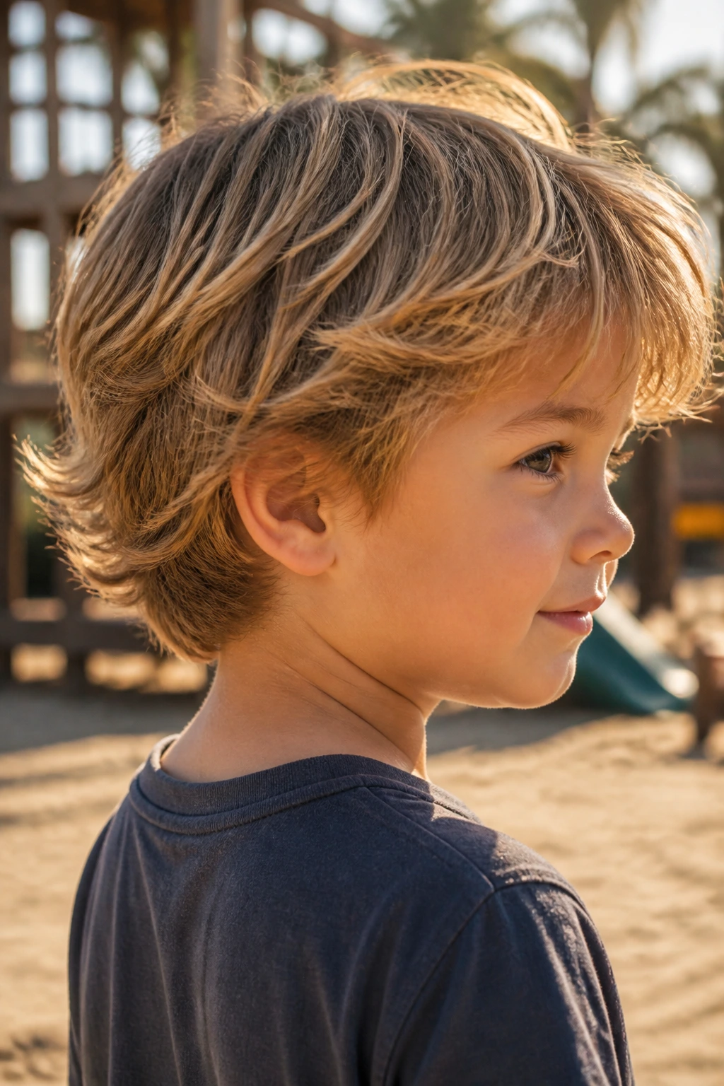 Toddler boy with Surfer Layers With a Nape Taper haircut in an outdoor setting