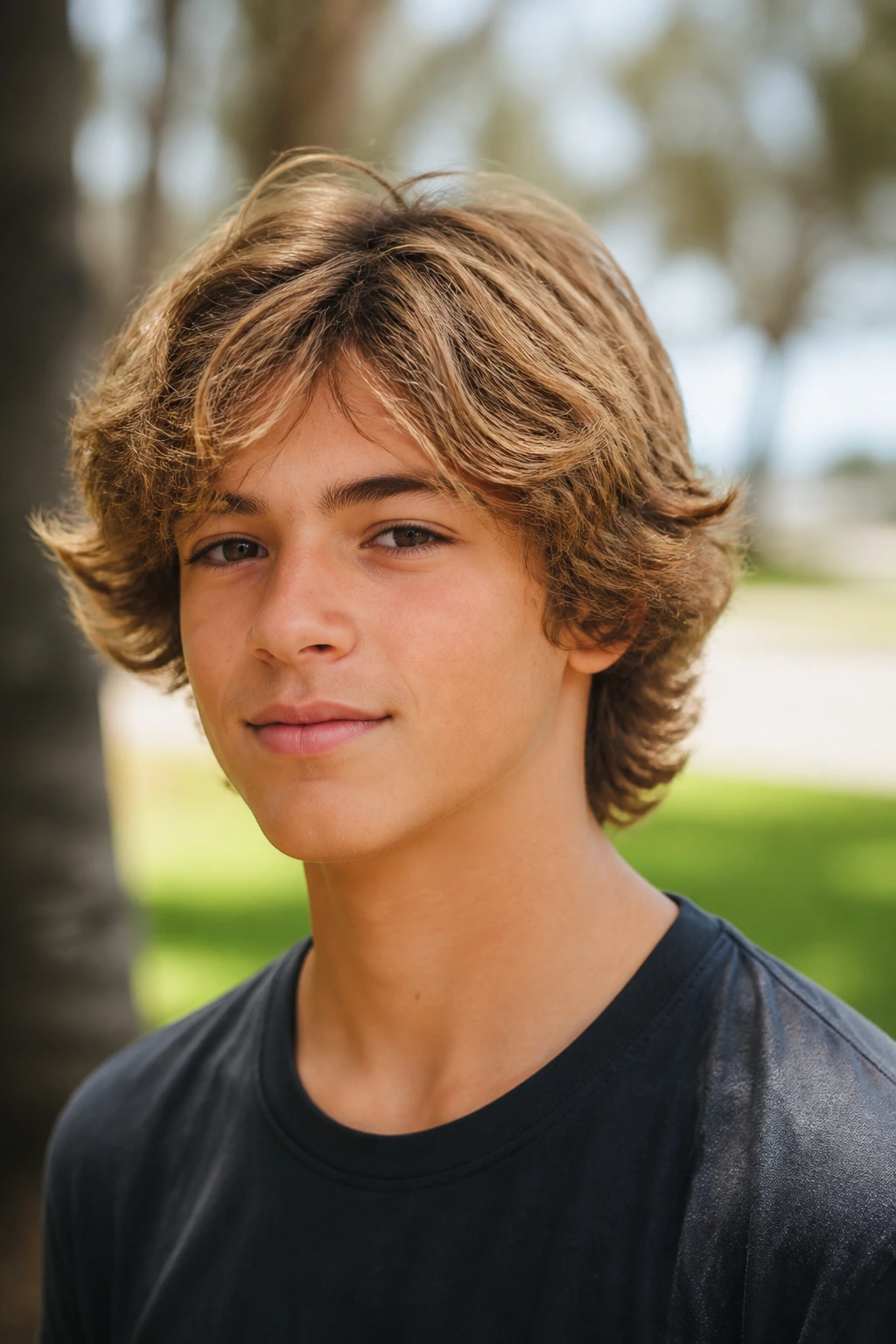 Close-up of a real boy with surfer layers outdoors in sunlight.