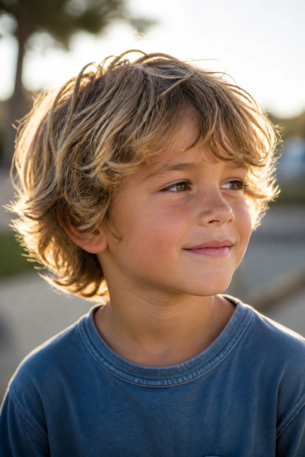Close-up of a real boy with surfer shag and light taper hairstyle.