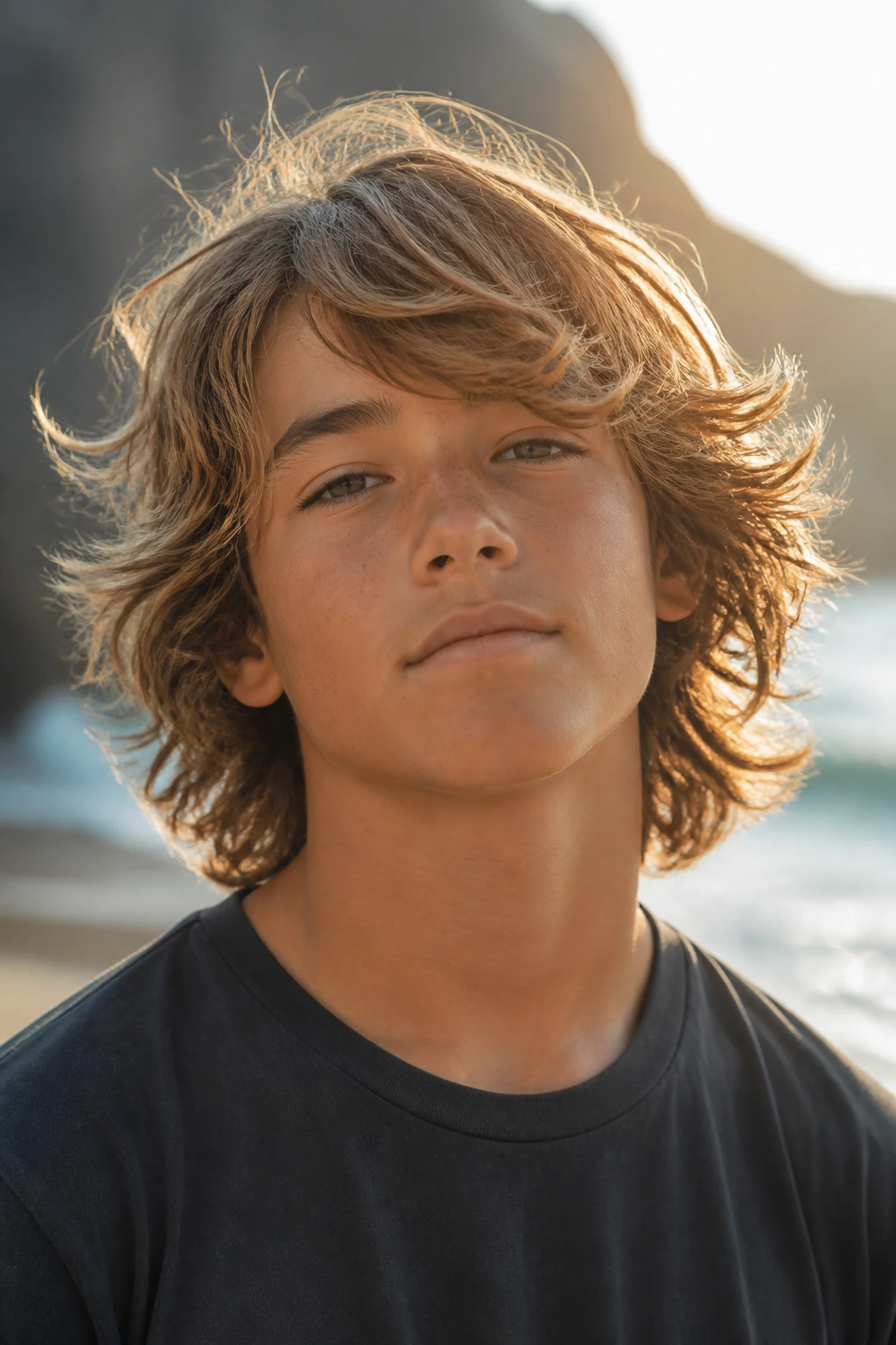 Close-up of a boy with a wind-swept Surfer Shag hairstyle