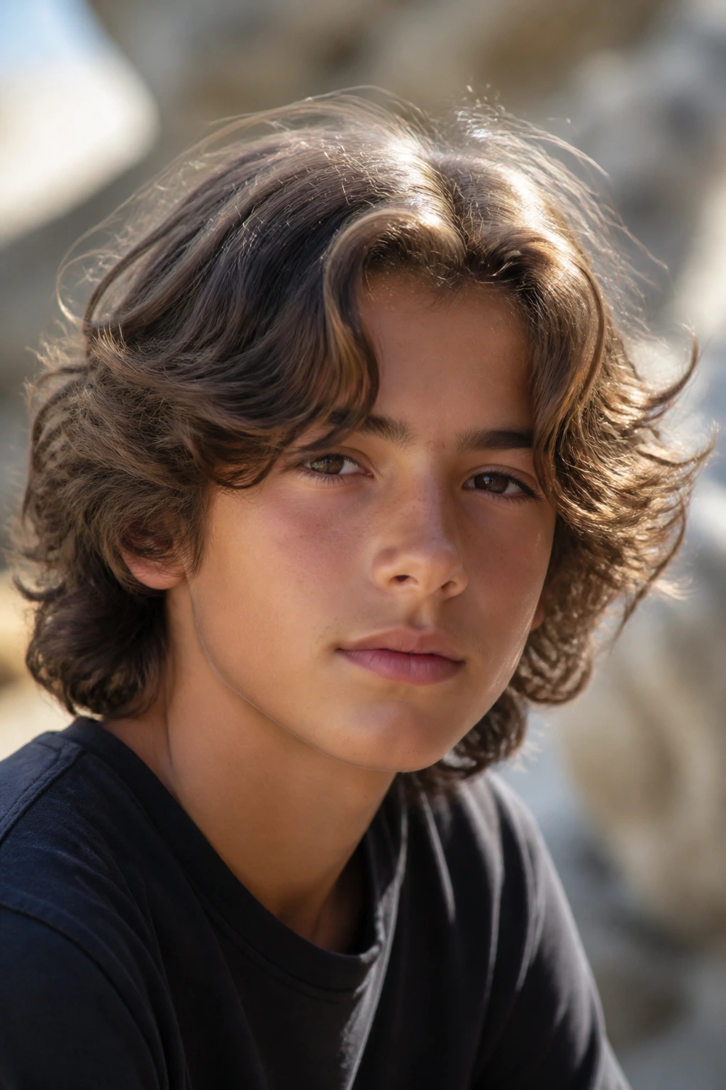 Portrait of a boy with long wavy hair and a loose center part in natural light
