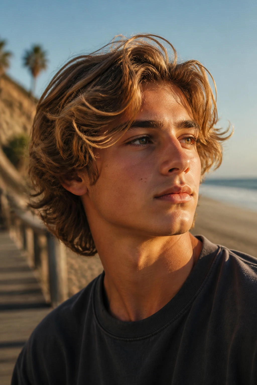 Portrait of a boy with surfer-style waves at the beach showing natural texture
