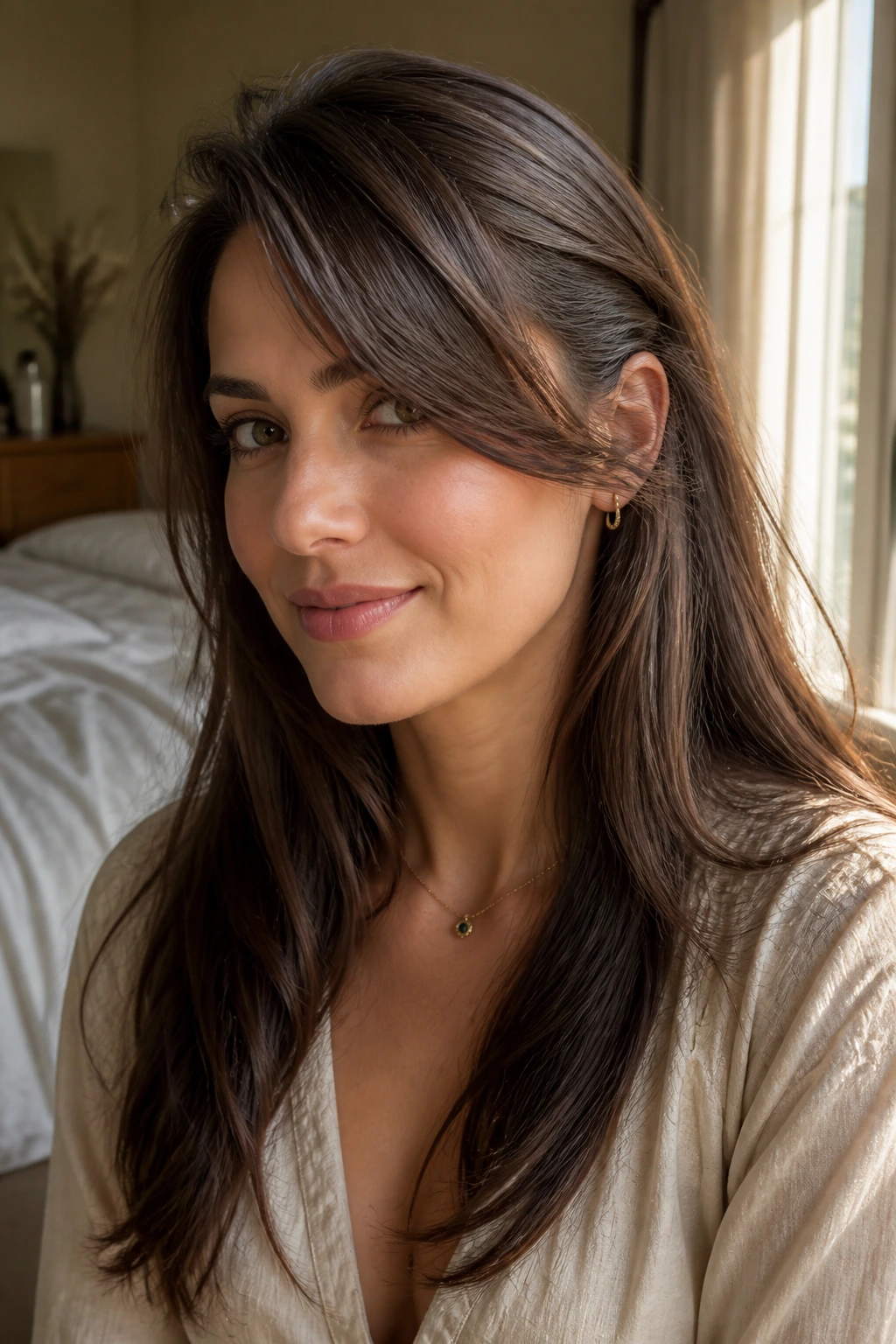 Close-up portrait of a woman with sweep-away bangs in warm window light