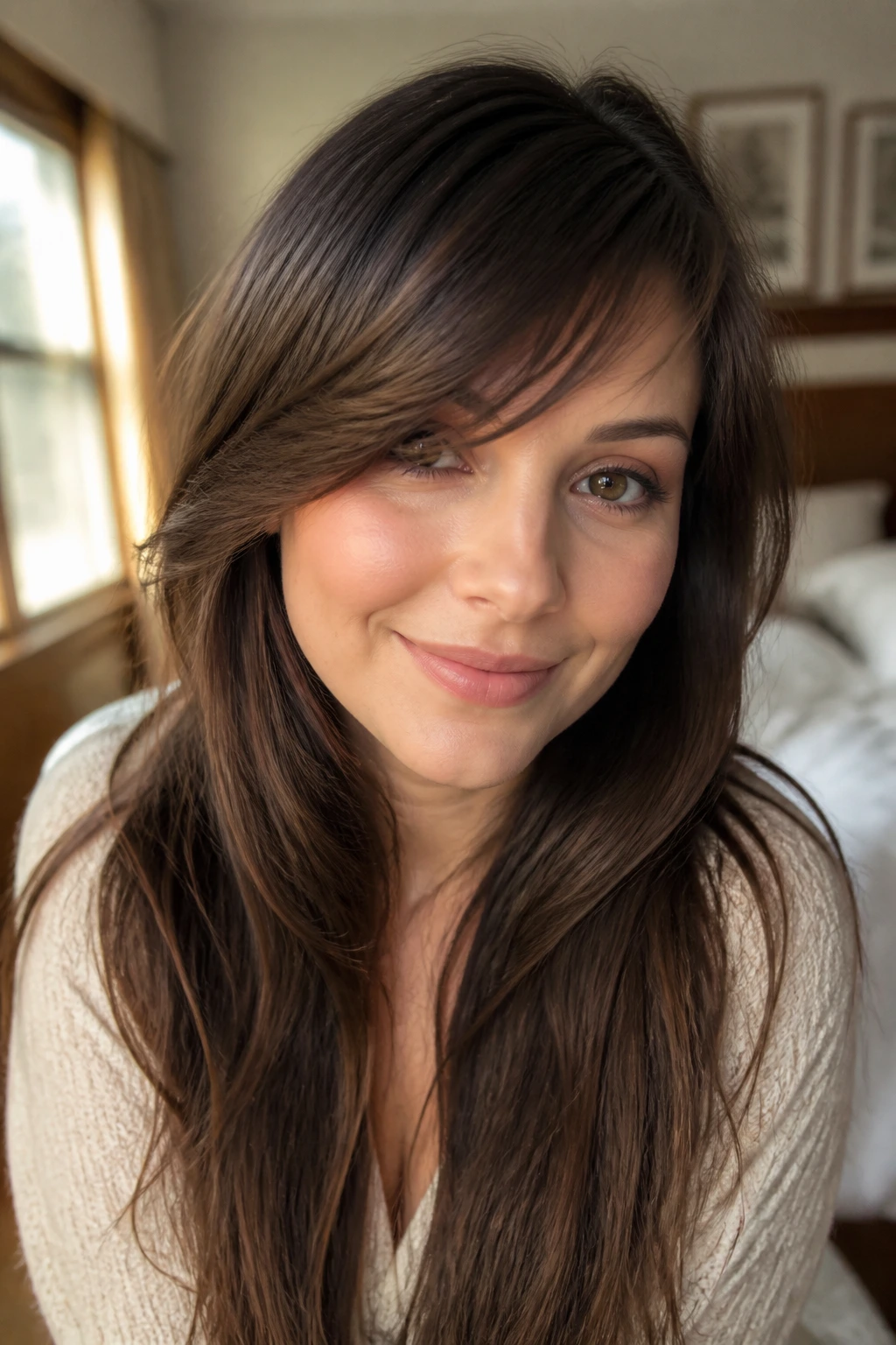 Close-up of a real woman with sweeping bangs in warm bedroom lighting