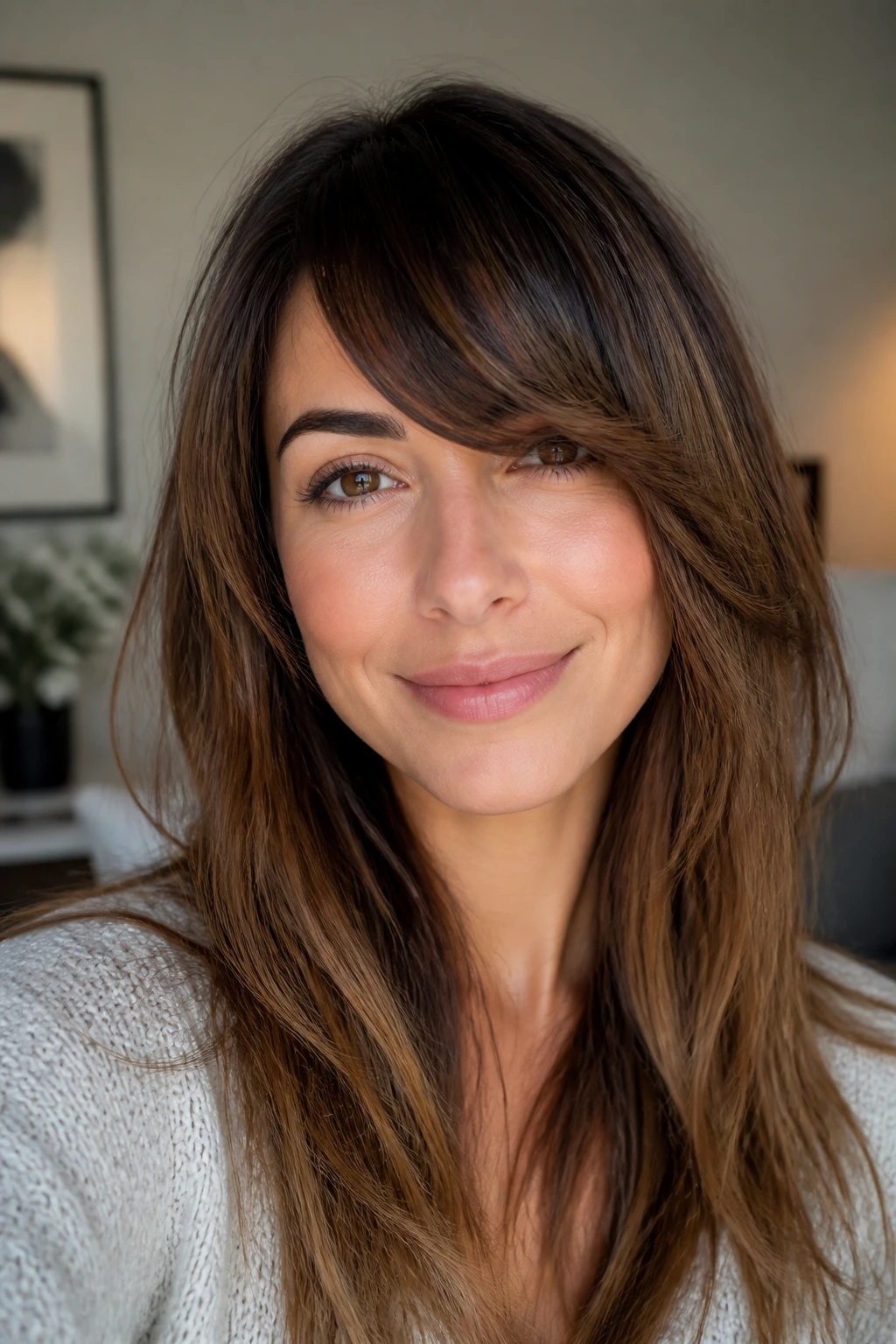 Real woman with sweeping bangs styled in five-minute look