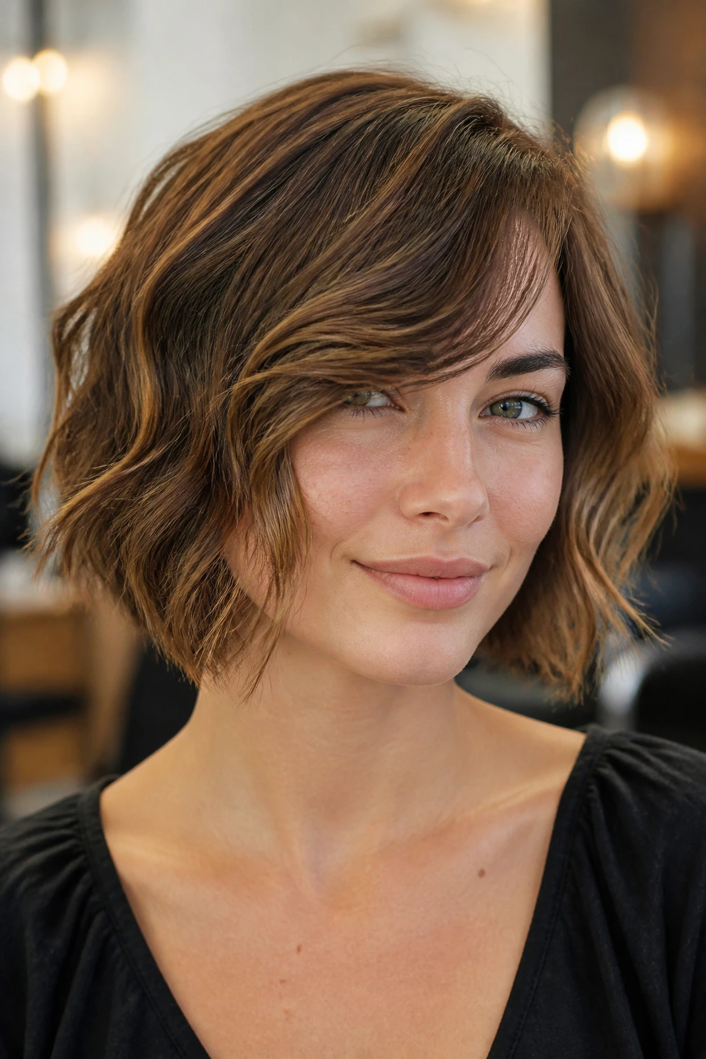 Close-up of a woman with a side-swept fringe bob in a salon setting