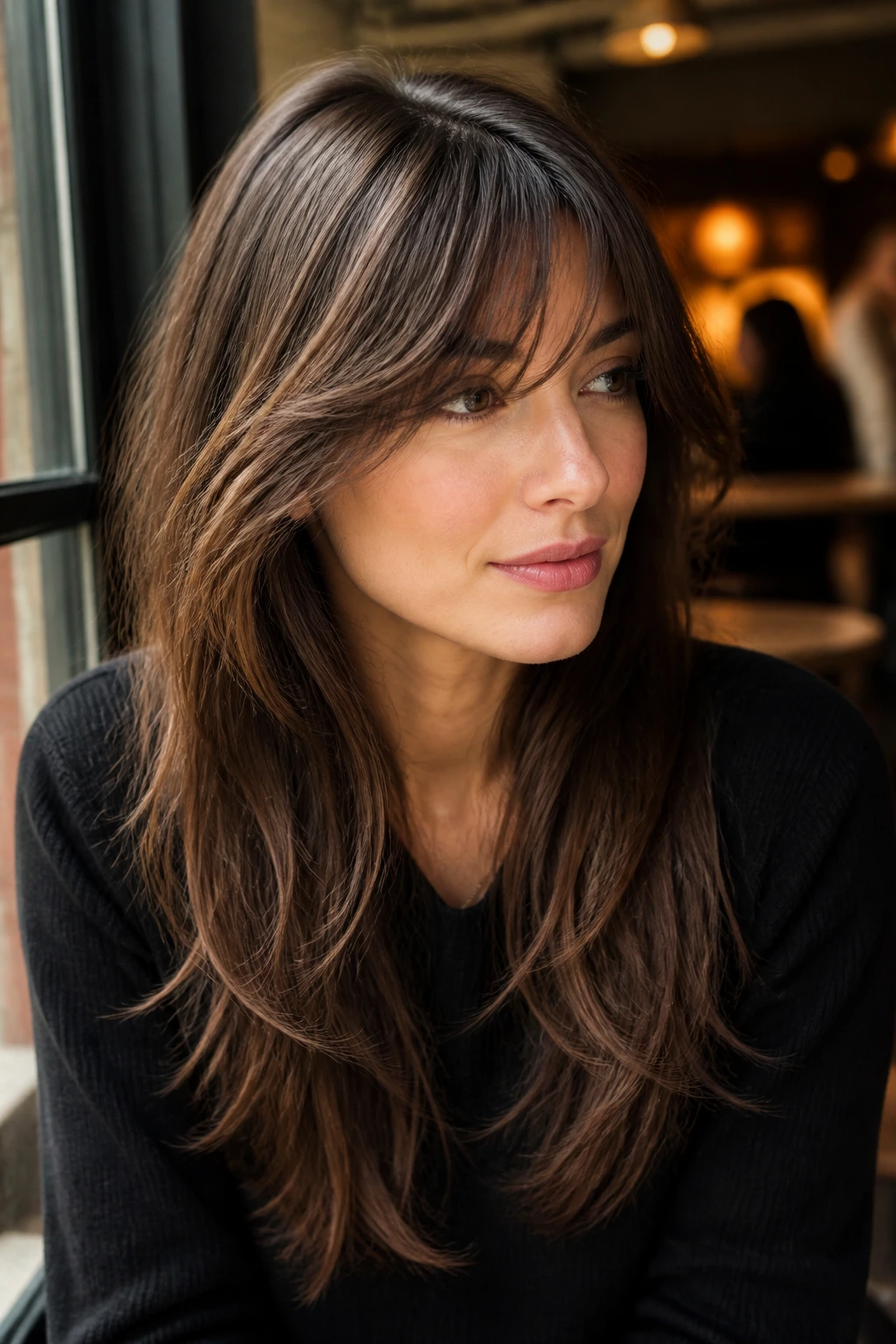 Close-up of a real woman with sweeping fringe blending into long layers in a cafe window
