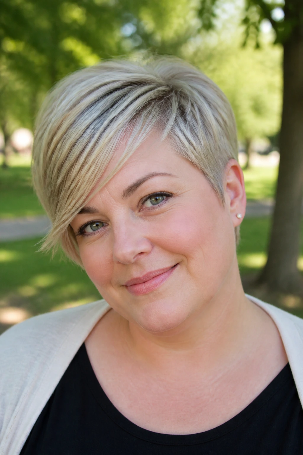 Close-up of a real woman with sweeping fringe pixie on a round face