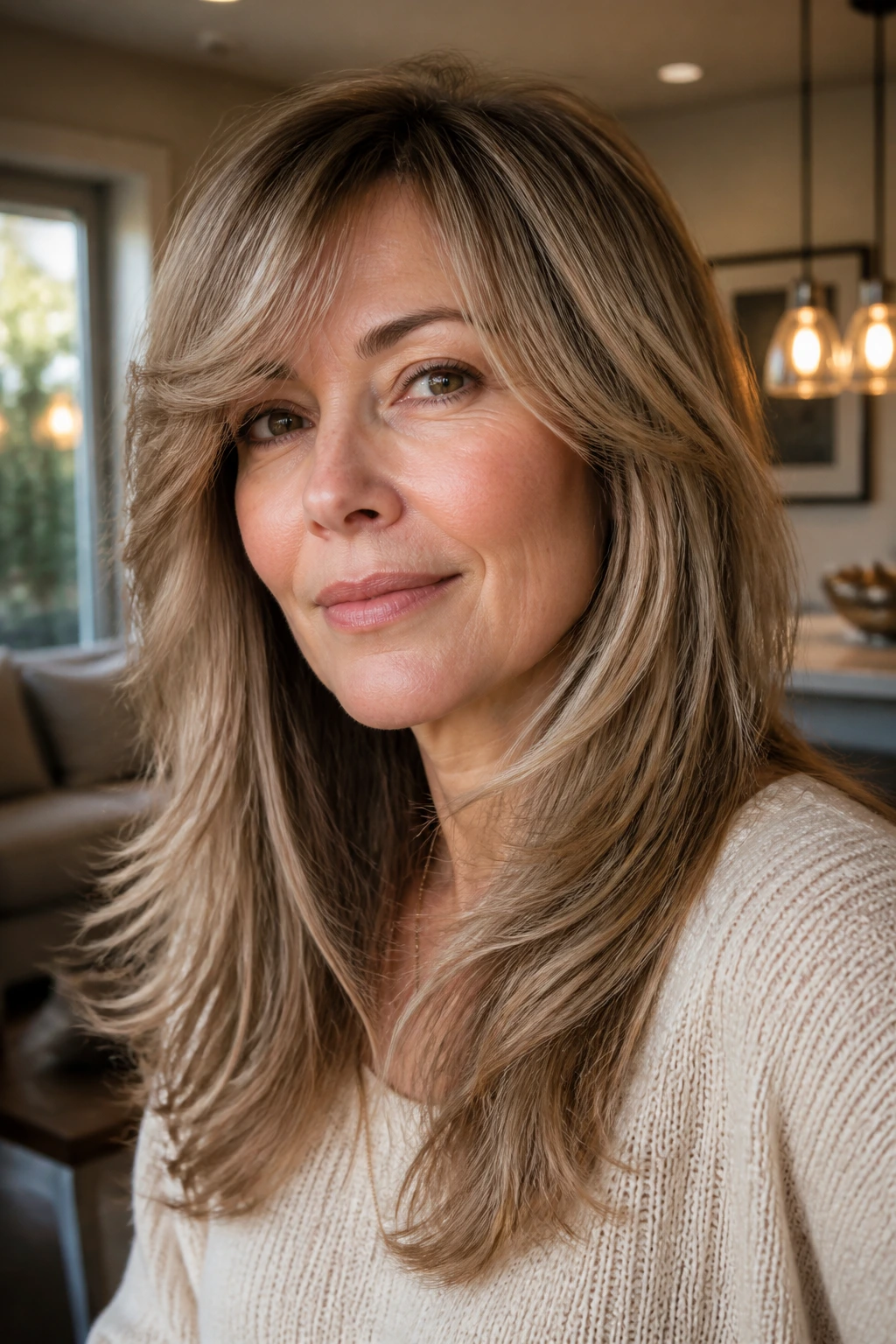 Portrait of a woman with sweeping layers and face-framing pieces