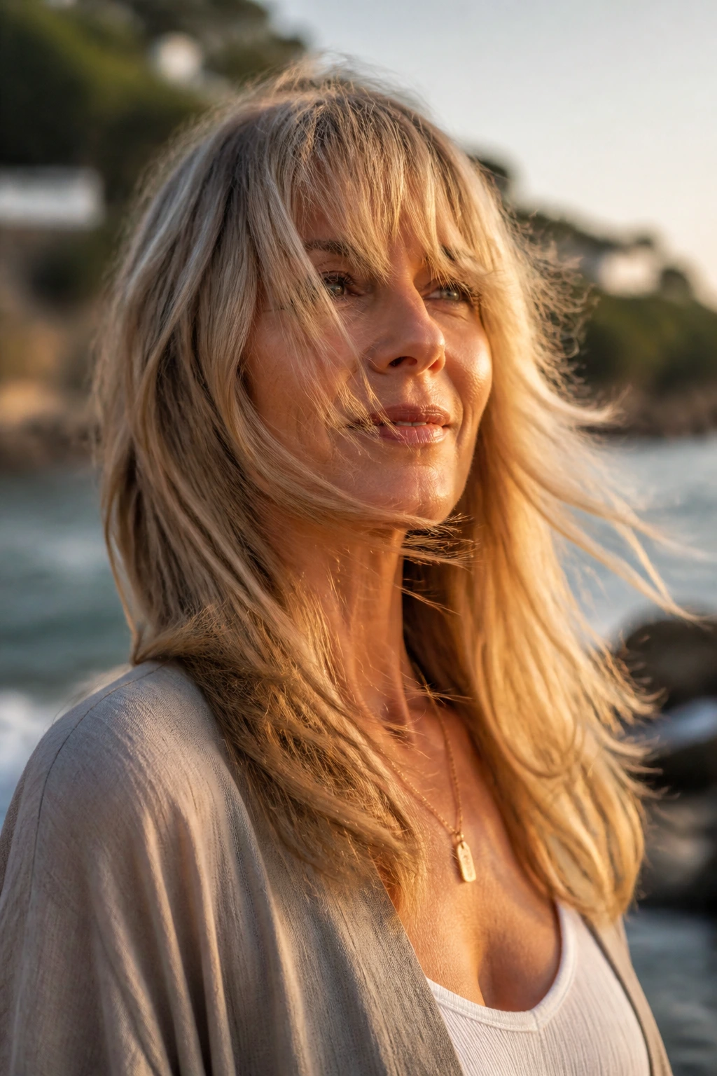 Portrait of a real woman with sweeping layers in motion outdoors