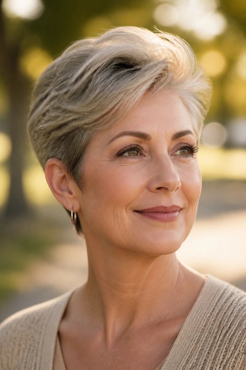 Real woman with swept pixie highlighting crown volume