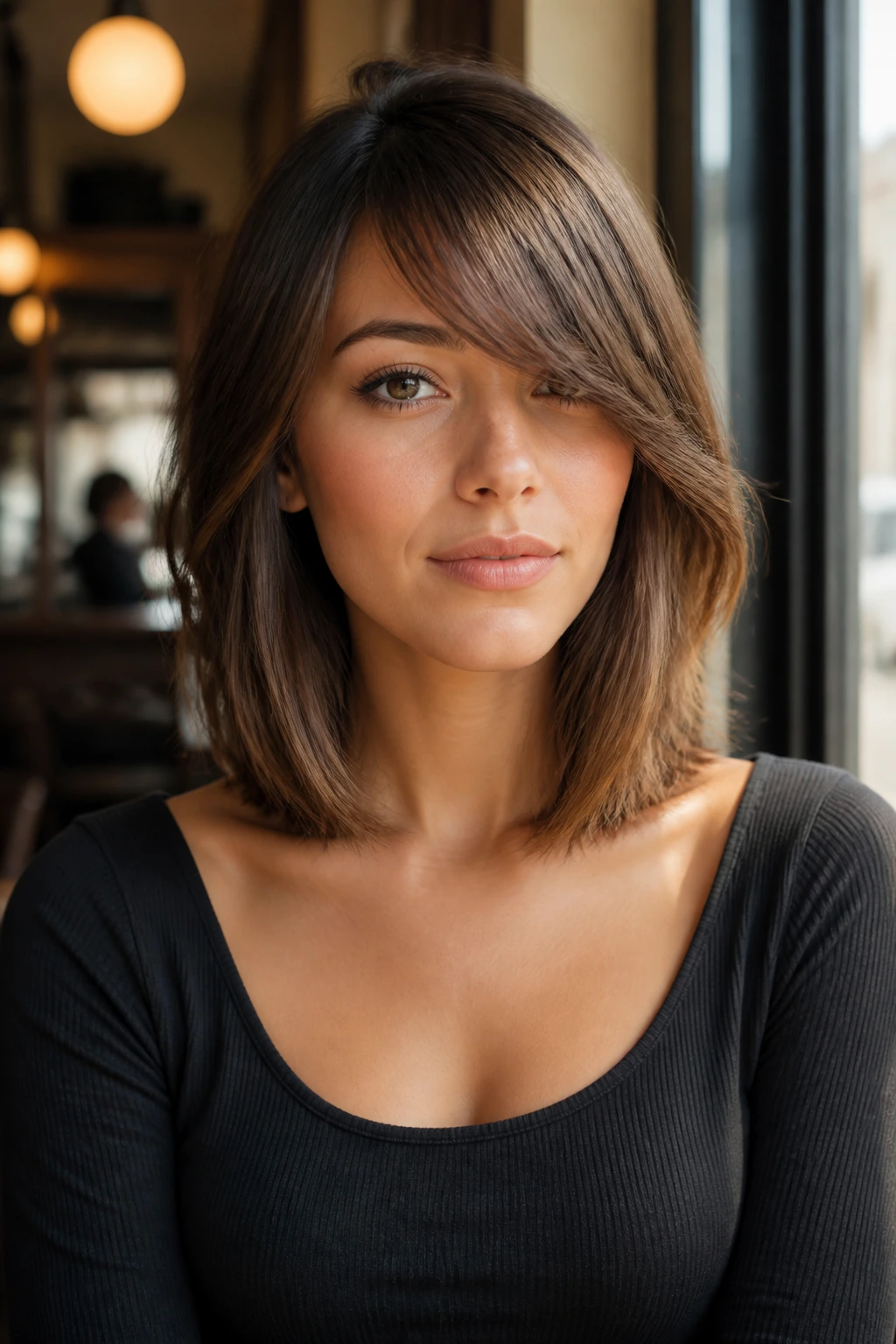 Close-up of a real woman with sweeping side bangs and collarbone-length lob
