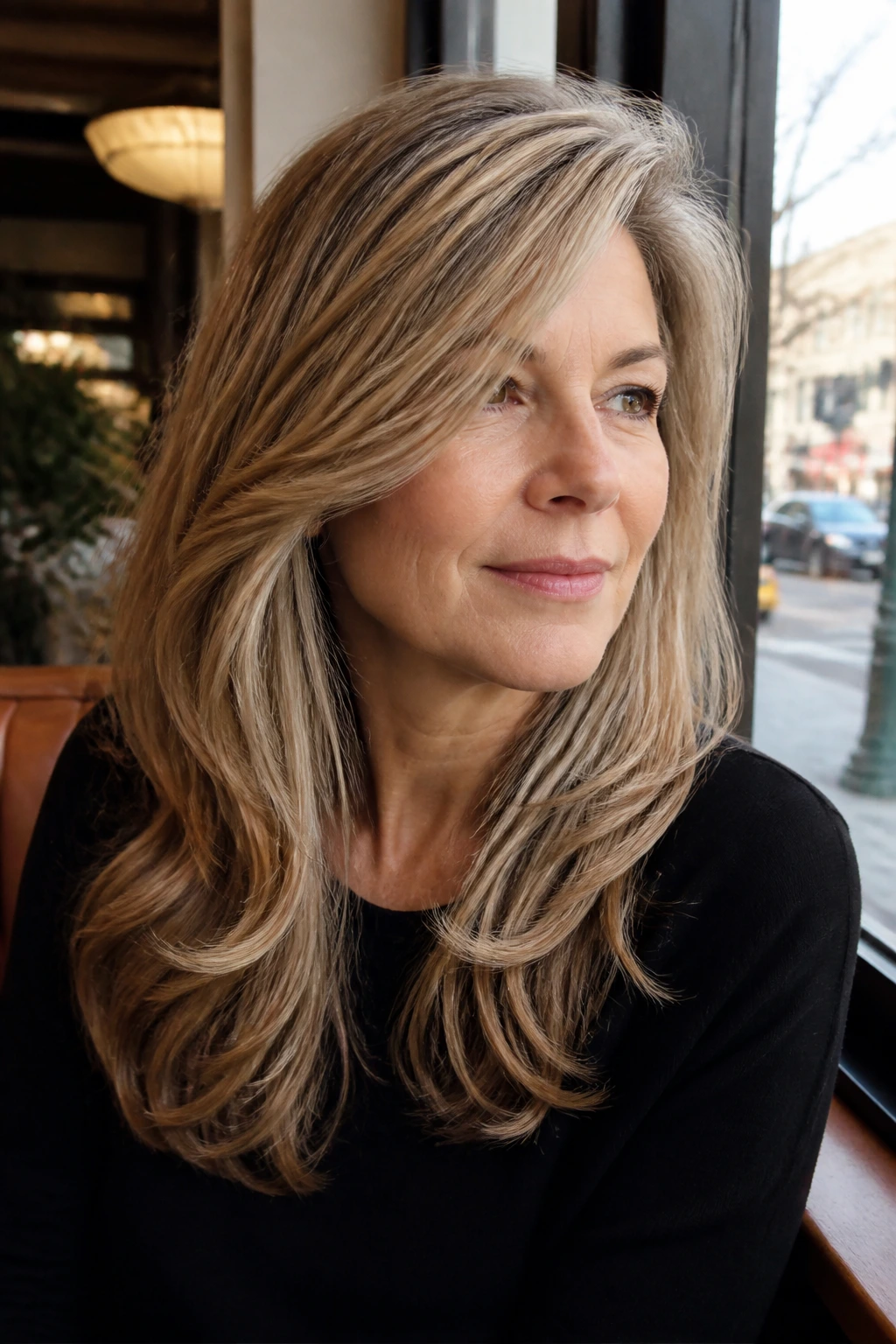 Close-up portrait of a real woman with sweeping side-part layers framing her face in natural light