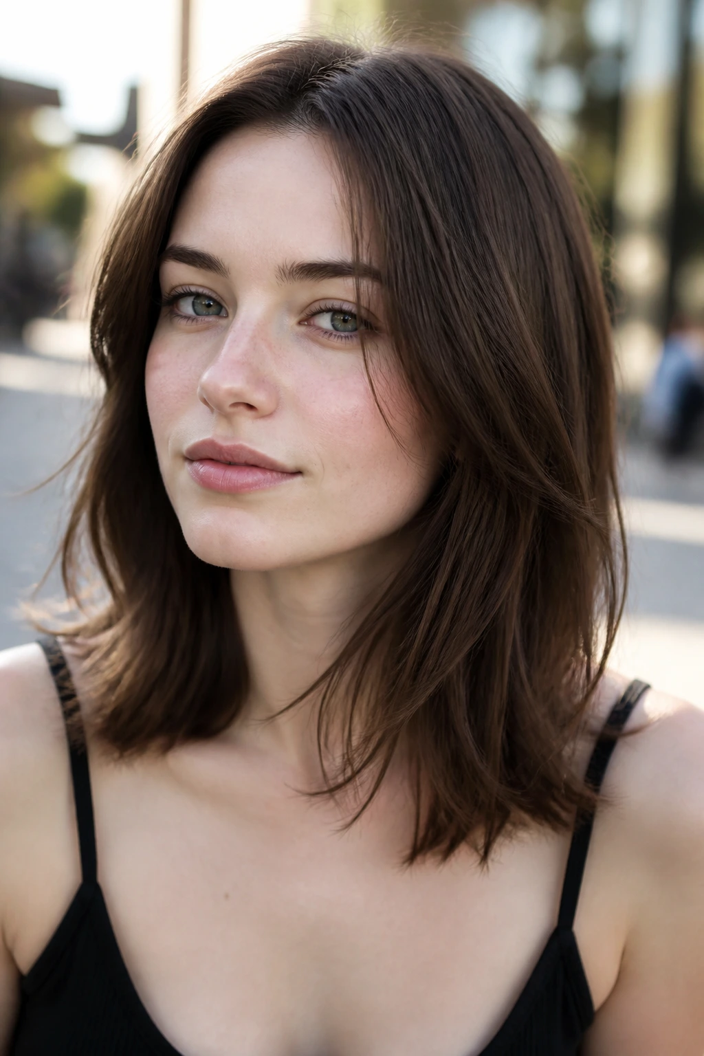 Portrait of a real woman with balanced medium brunette hair framing pale skin outdoors