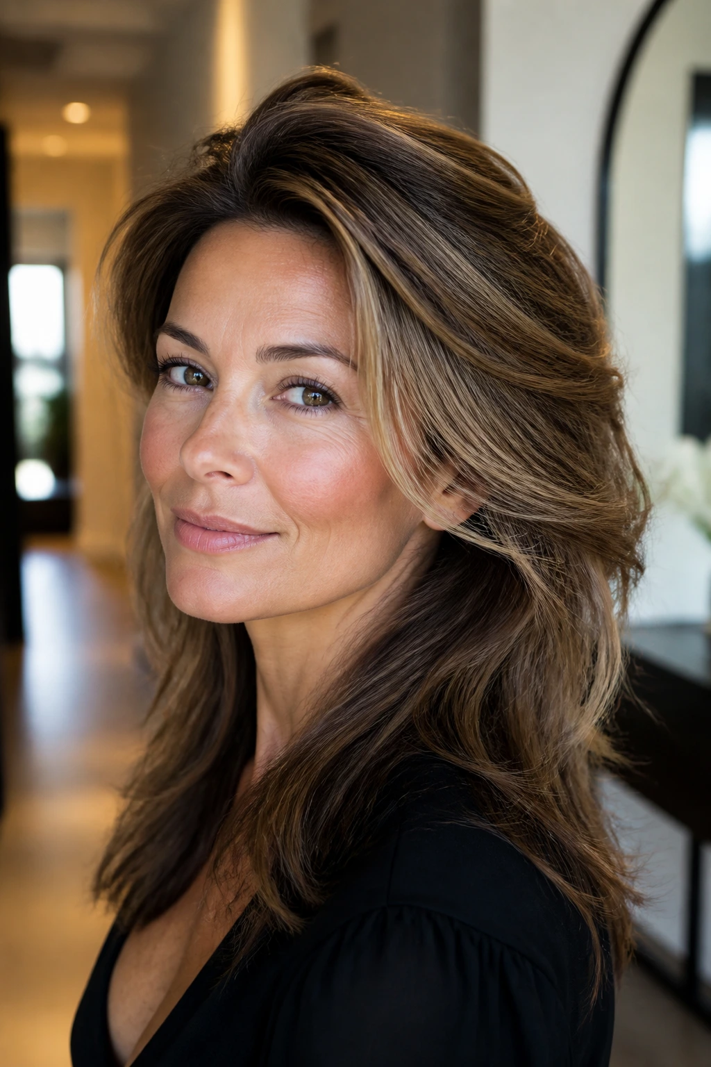 Close-up of a woman with a swept-back blowout and wispy volume in the hair