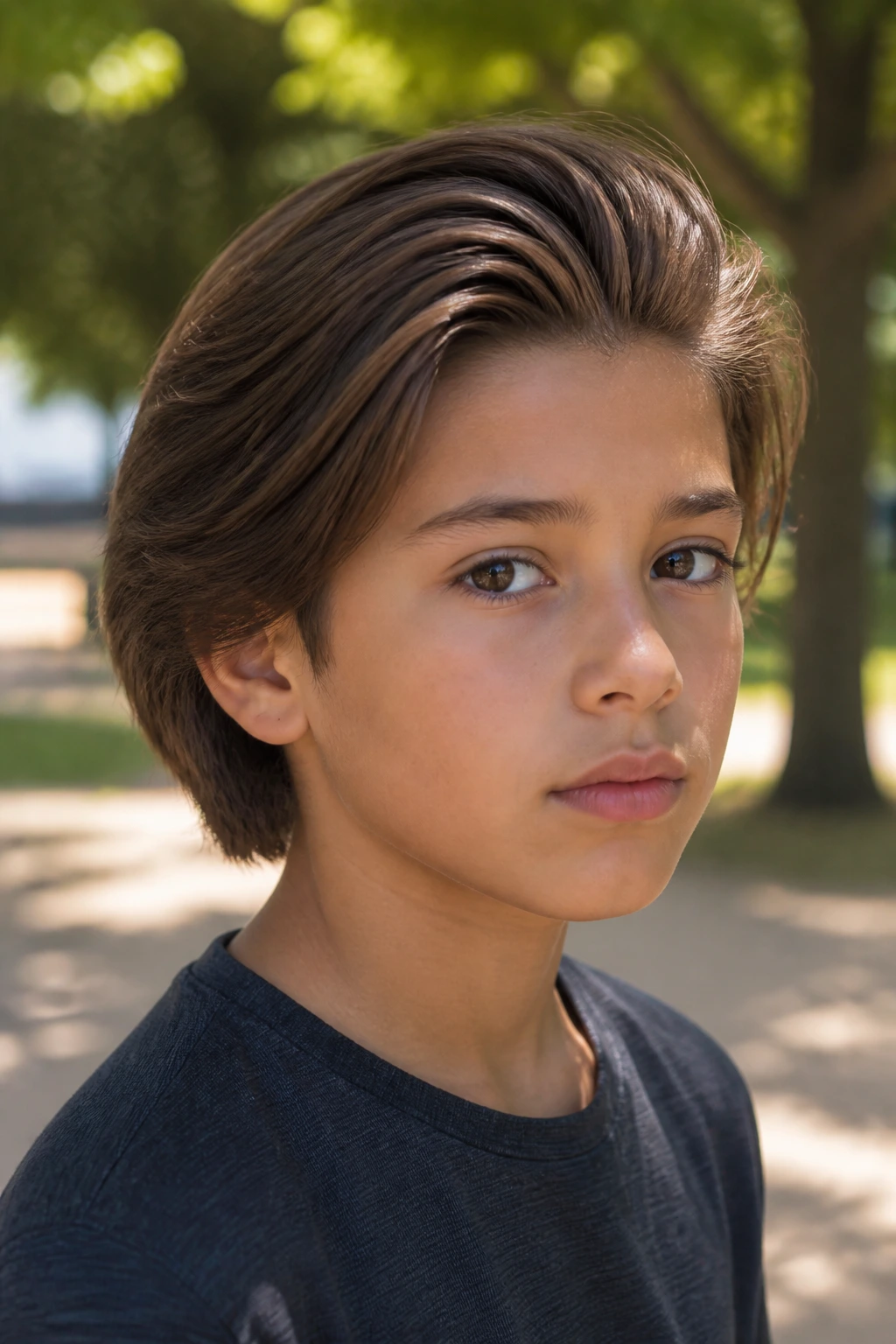 Boy with swept-back bob and tapered edges in a park setting