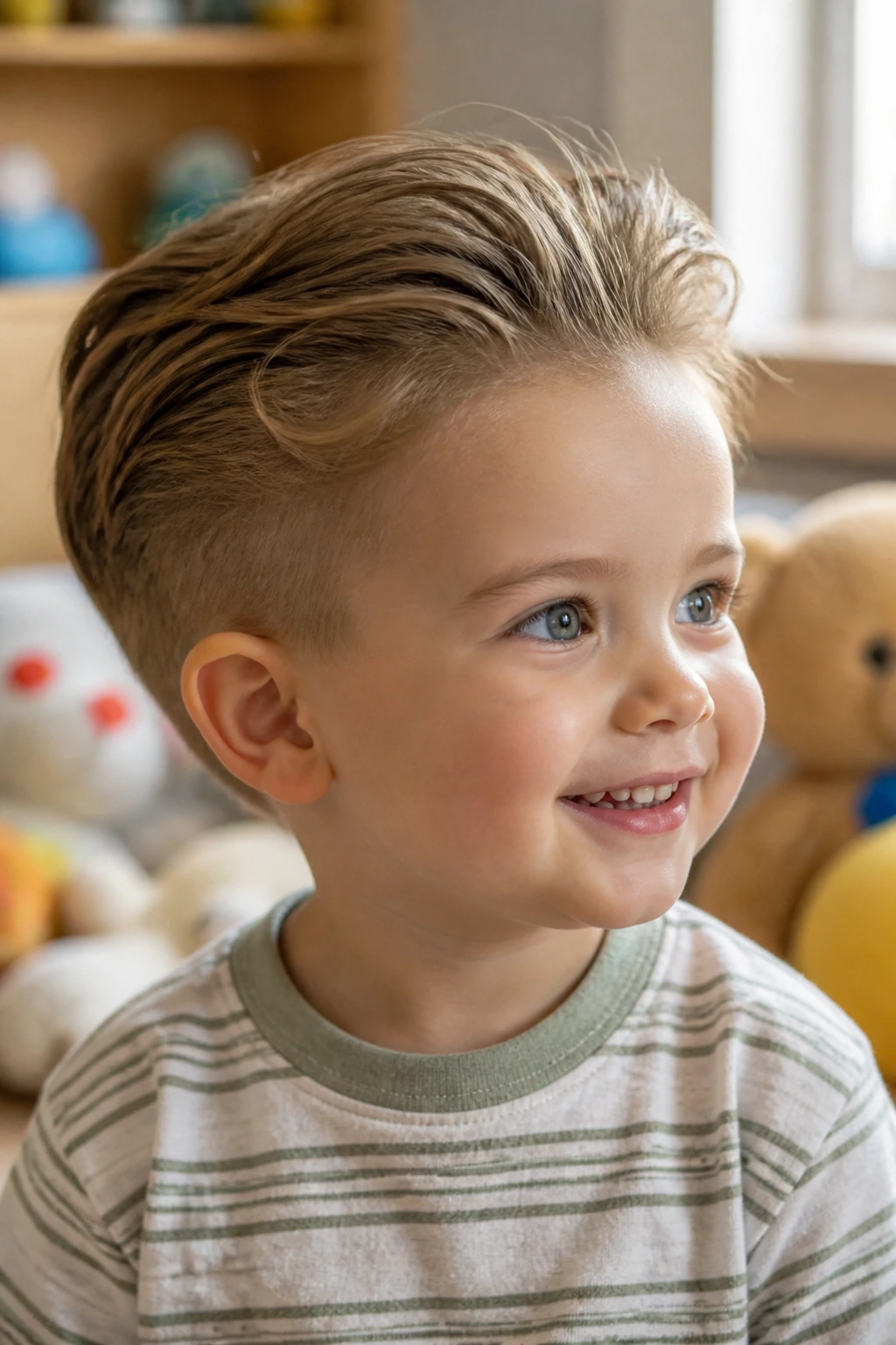 Close-up of a toddler boy with swept-back fringe bob in a bright playroom.