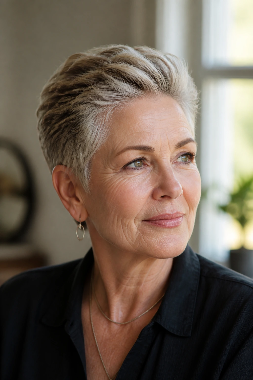 Portrait of an older woman with a swept-back crop under soft window light.