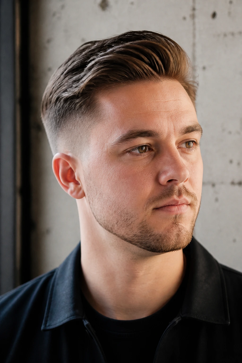 Close-up portrait of a real person with a swept-back crop hairstyle